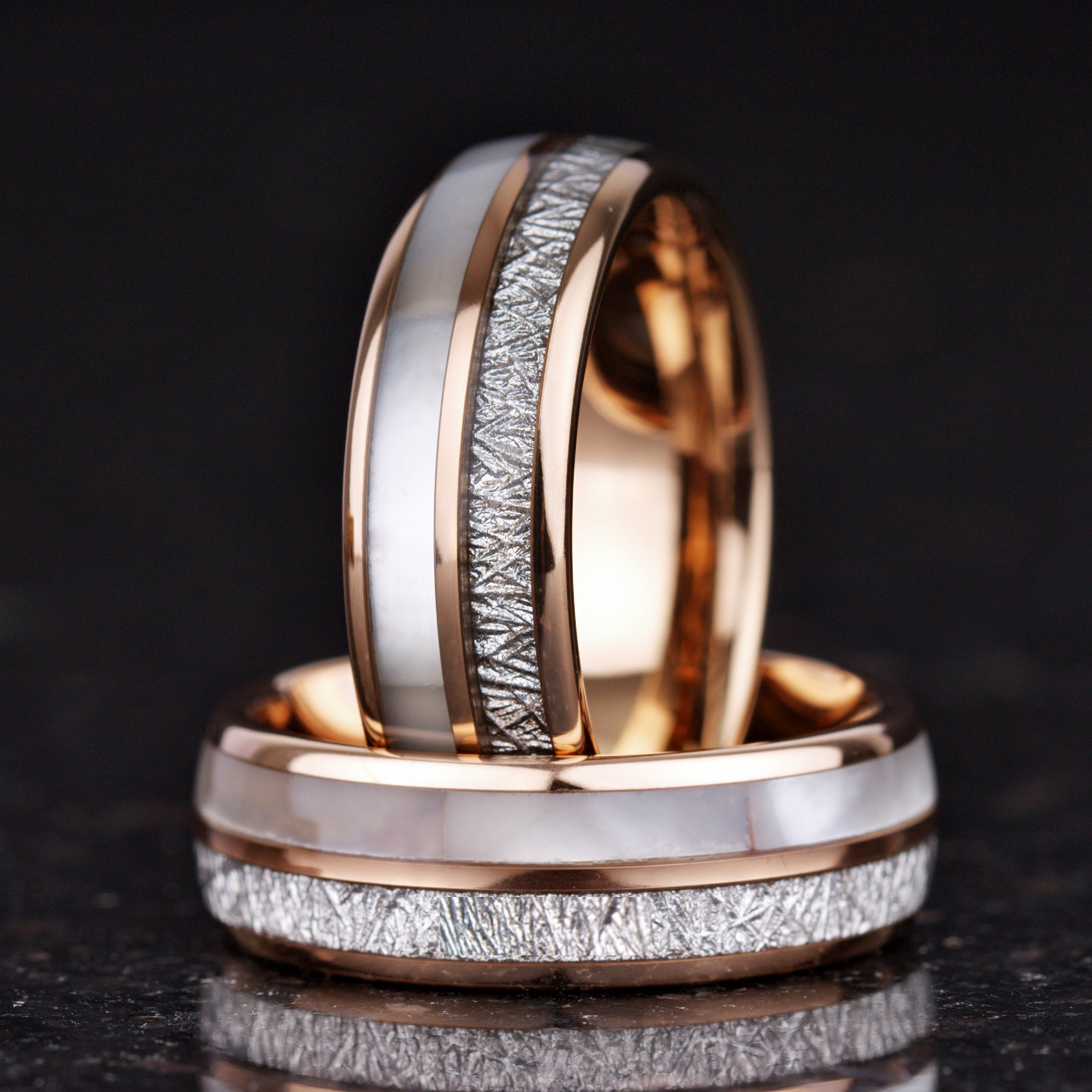 HIS AND HERS RINGS MOTHER OF PEARL METEORITE TUNGSTEN