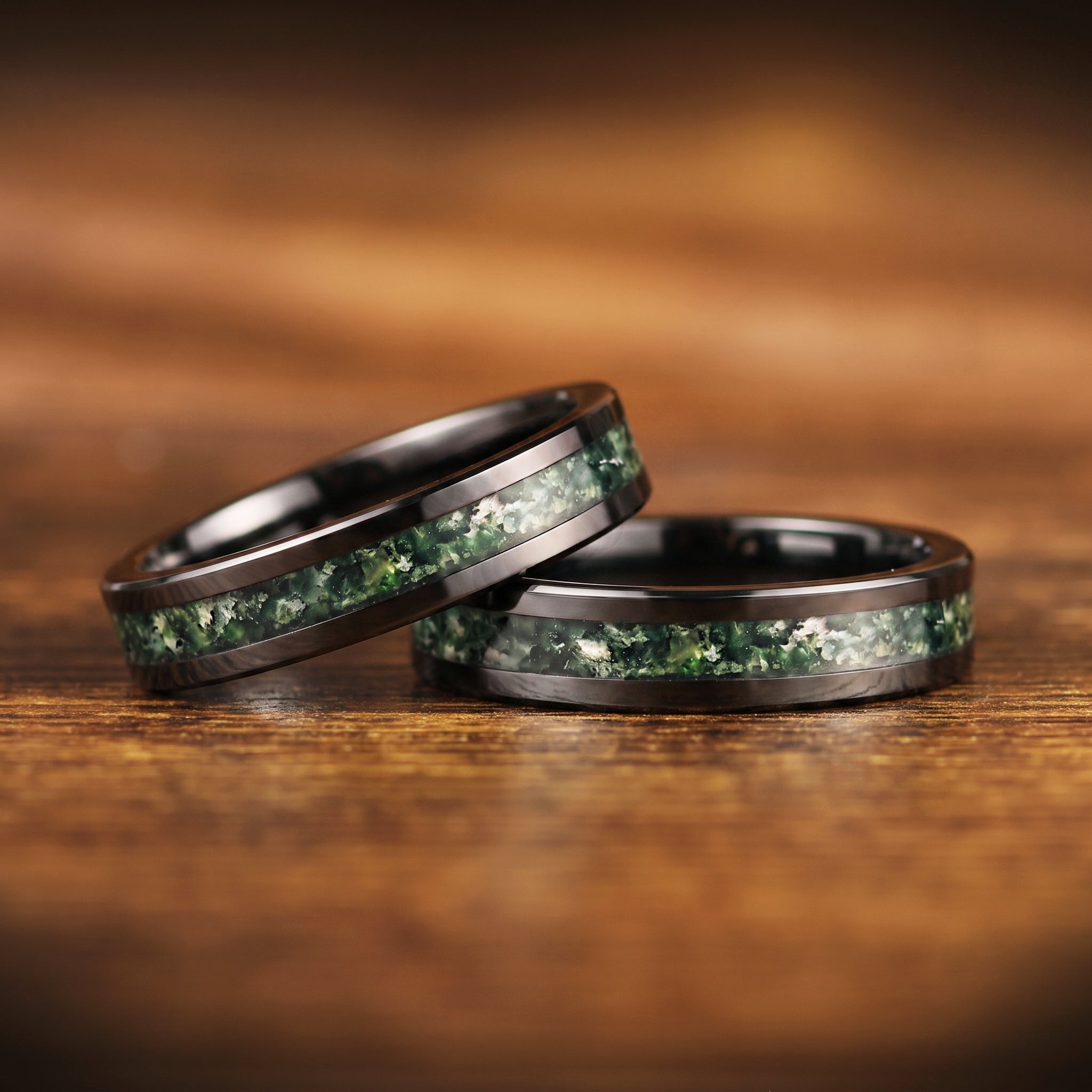 WOMEN'S WEDDING RING MOSS AGATE REAL METEORITE TUNGSTEN (4MM)