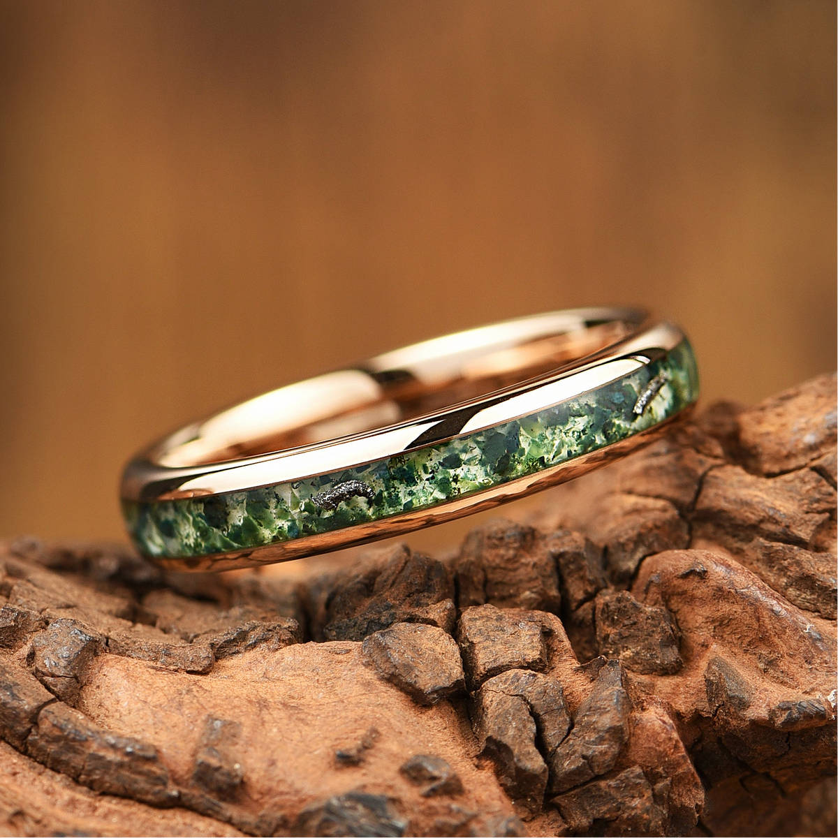 LADIES WEDDING RING MOSS AGATE REAL METEORITE TUNGSTEN (4MM)