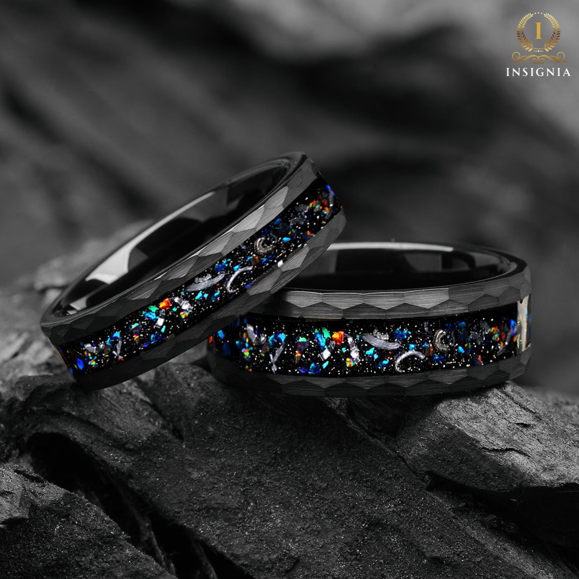 Galaxy Meteorite & Fire Opal His and Hers Wedding Bands 6 /8 mm Black Hammered - Promise Rings for Couples - Space, Matching Couple Ring Set - INSIGNIA
