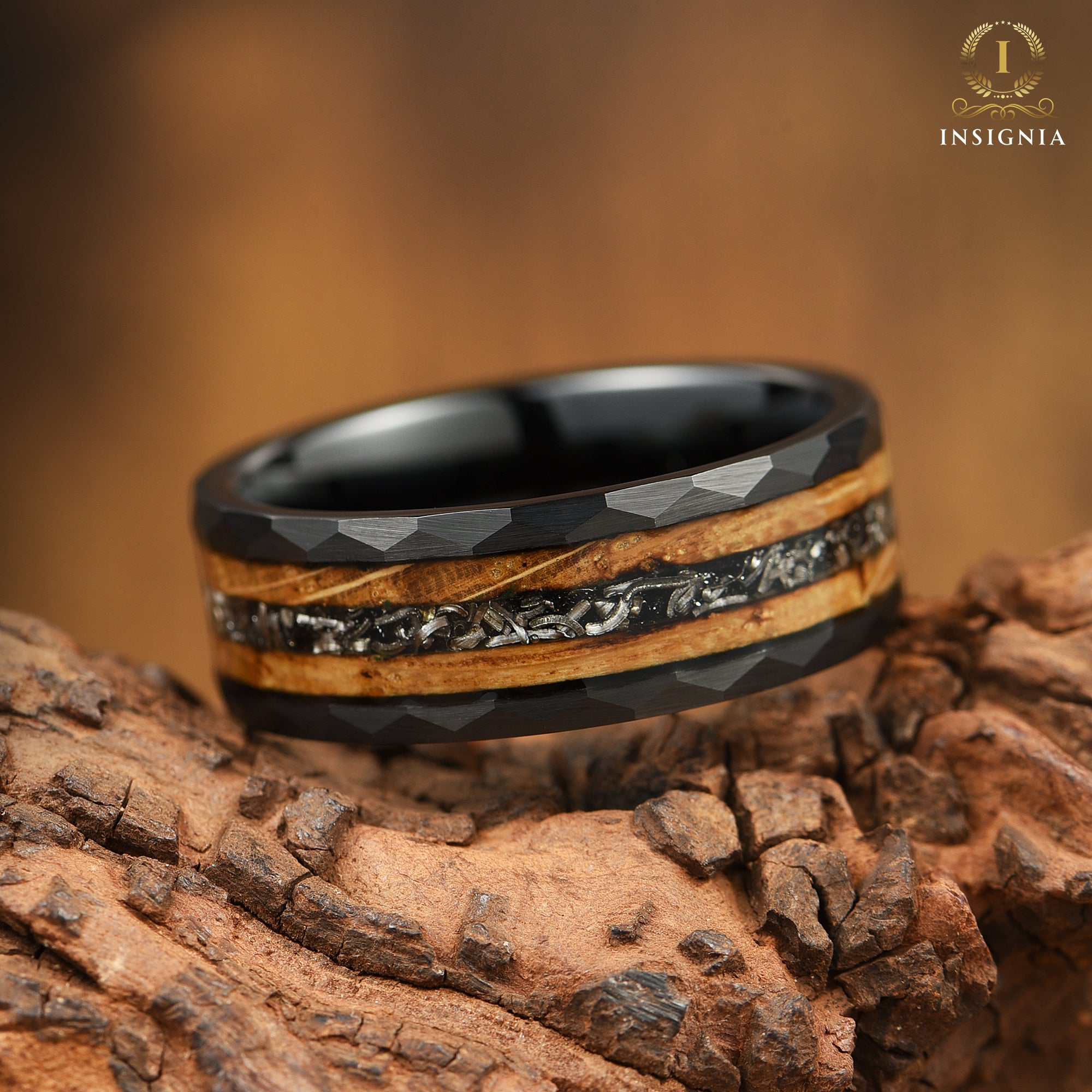 MALE WEDDING RING REAL METEORITE WHISKEY BARREL WOOD TUNGSTEN (8MM)