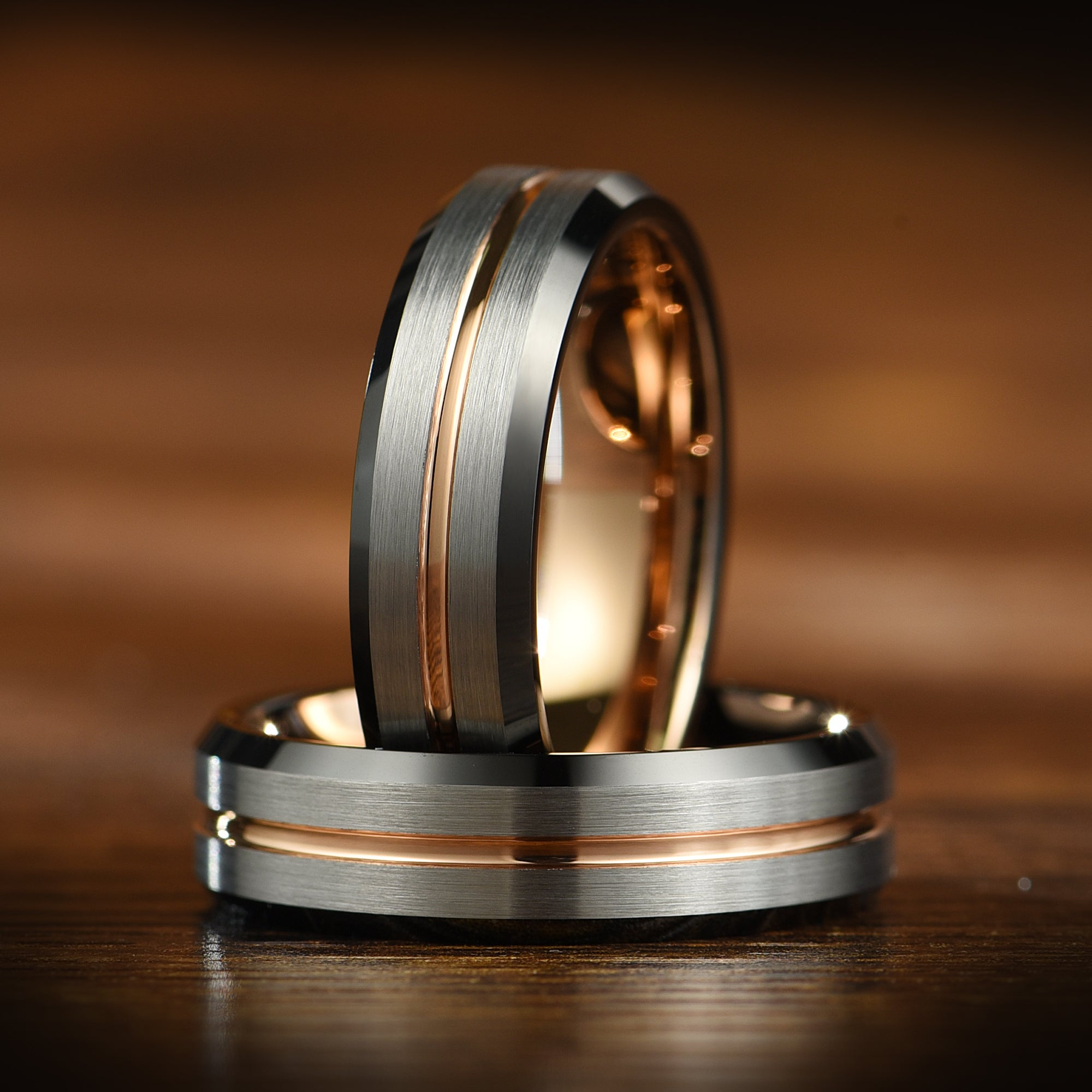 HIS AND HERS MATCHING TUNGSTEN SET – SILVER, ROSE GOLD & BLACK EDGES