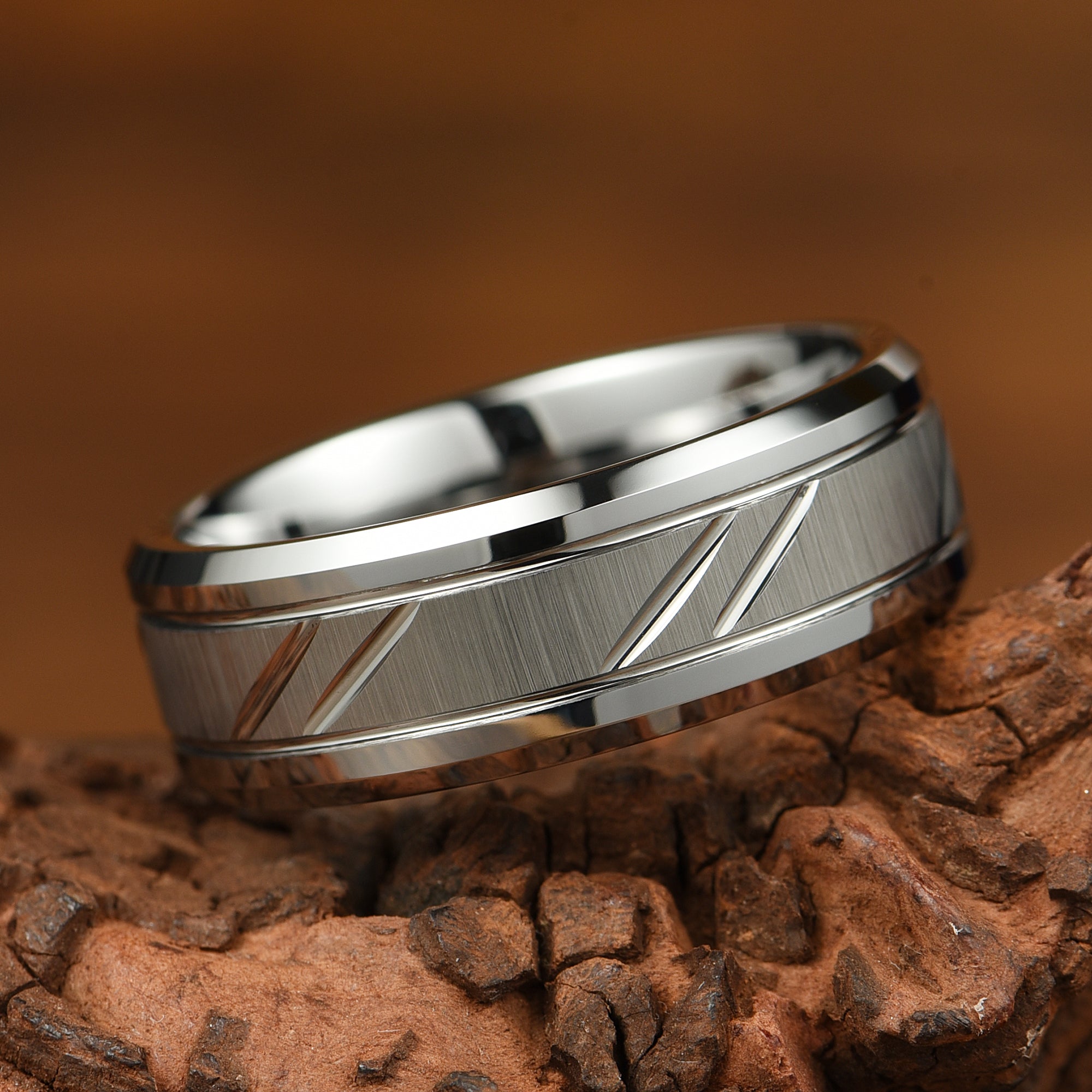 COUPLE RINGS TUNGSTEN SET - CHEVRON-CUT SANDBLAST DESIGN