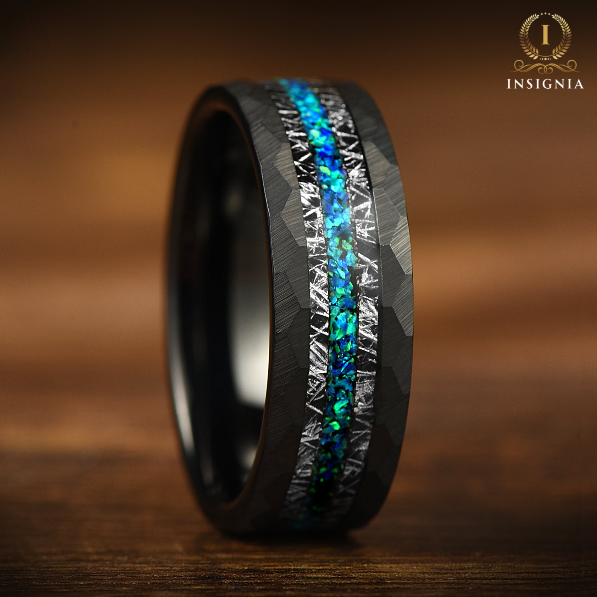 Meteorite & Opal Hammered Tungsten Ring - Mens Emerald Coast Wedding Band -Engagement/ Promise Ring For Him