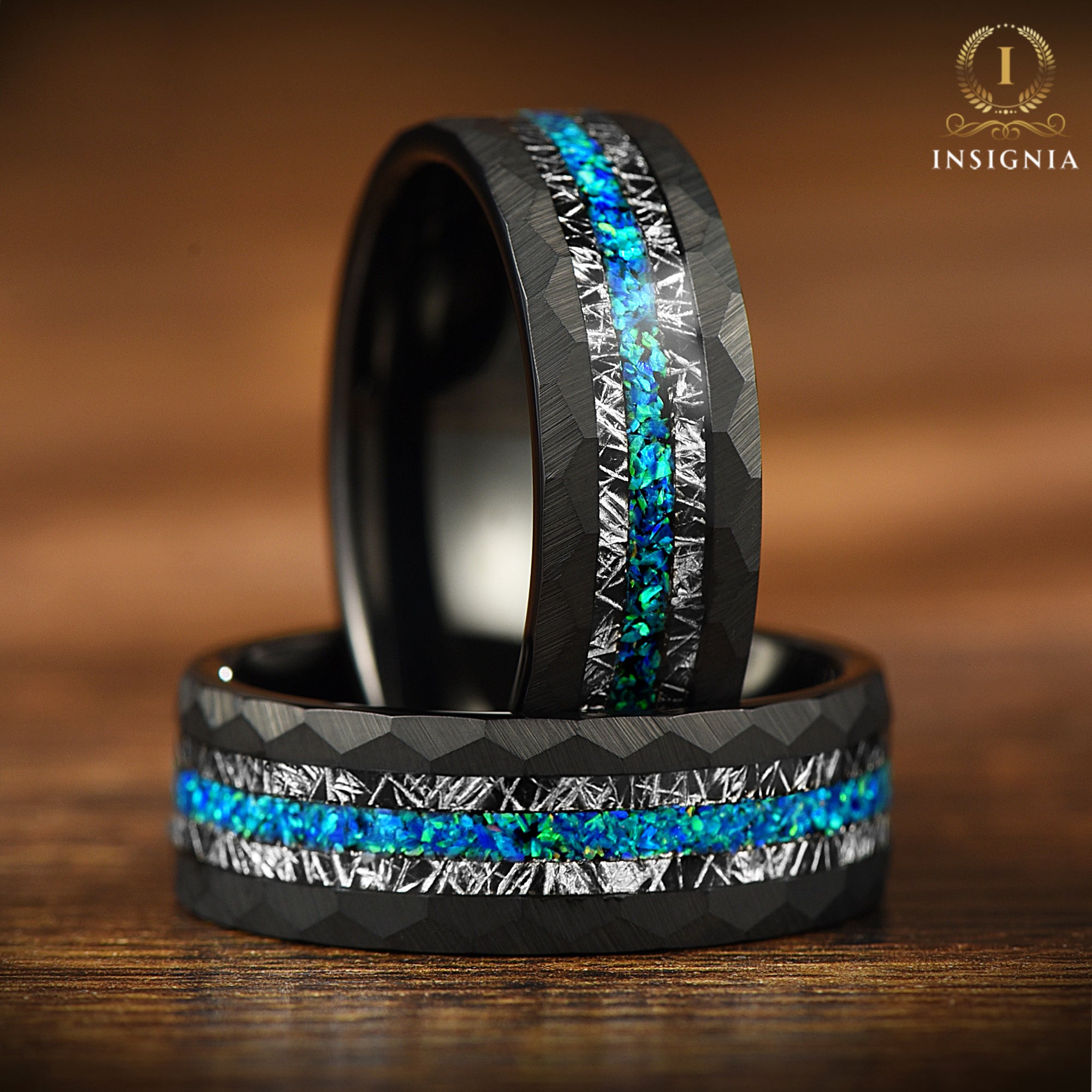 Meteorite & Opal Hammered Tungsten Ring - Mens Emerald Coast Wedding Band -Engagement/ Promise Ring For Him