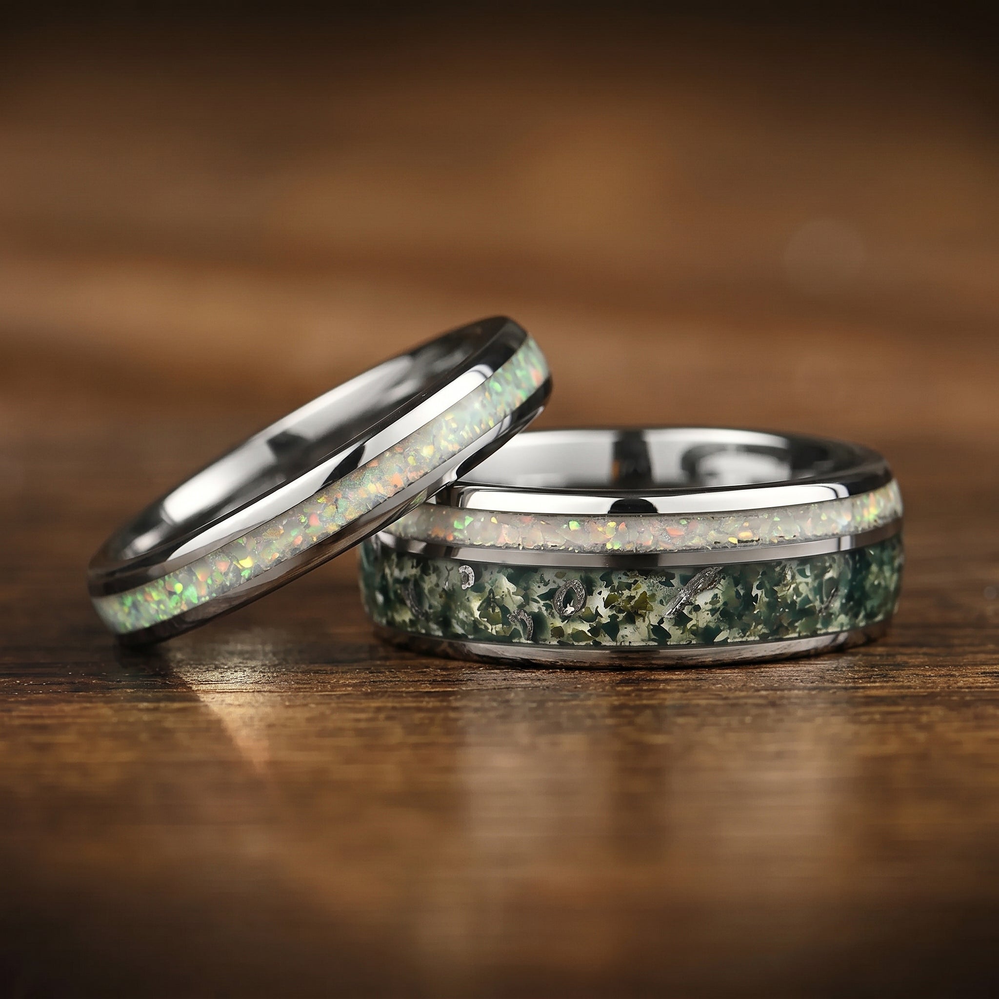 HIS HER RINGS MOSS AGATE TUNGSTEN METEORITE OPAL SET