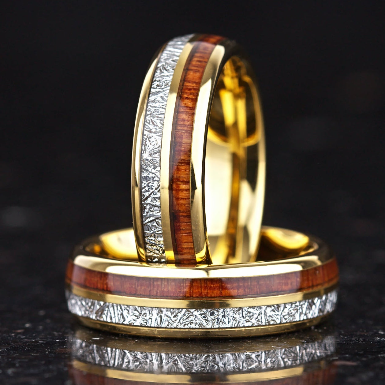 LADIES WEDDING RING KOA WOOD METEORITE TUNGSTEN GOLD (6MM)
