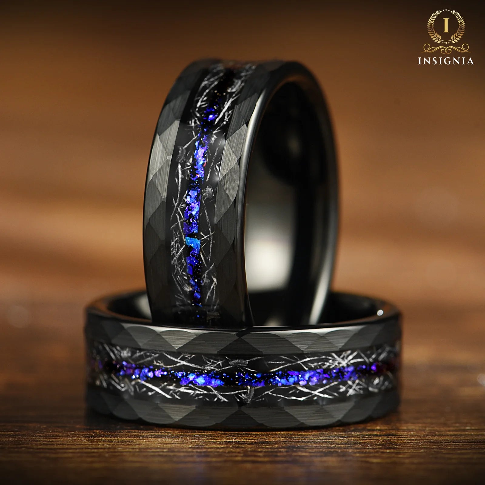 MATCHING SET IN WEDDING BAND WITH REAL METEORITE ORION NEBULA
