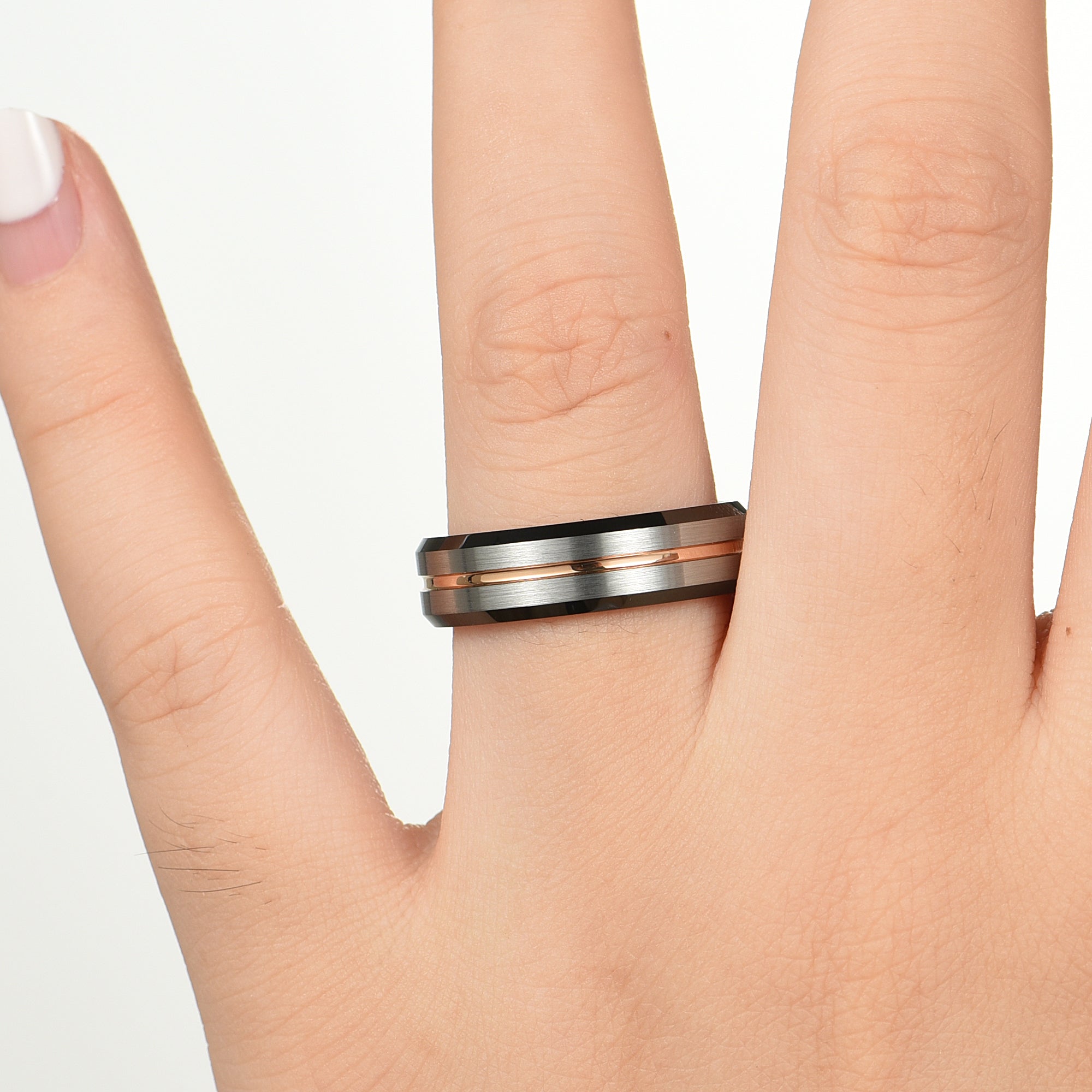 HIS AND HERS MATCHING TUNGSTEN SET – SILVER, ROSE GOLD & BLACK EDGES