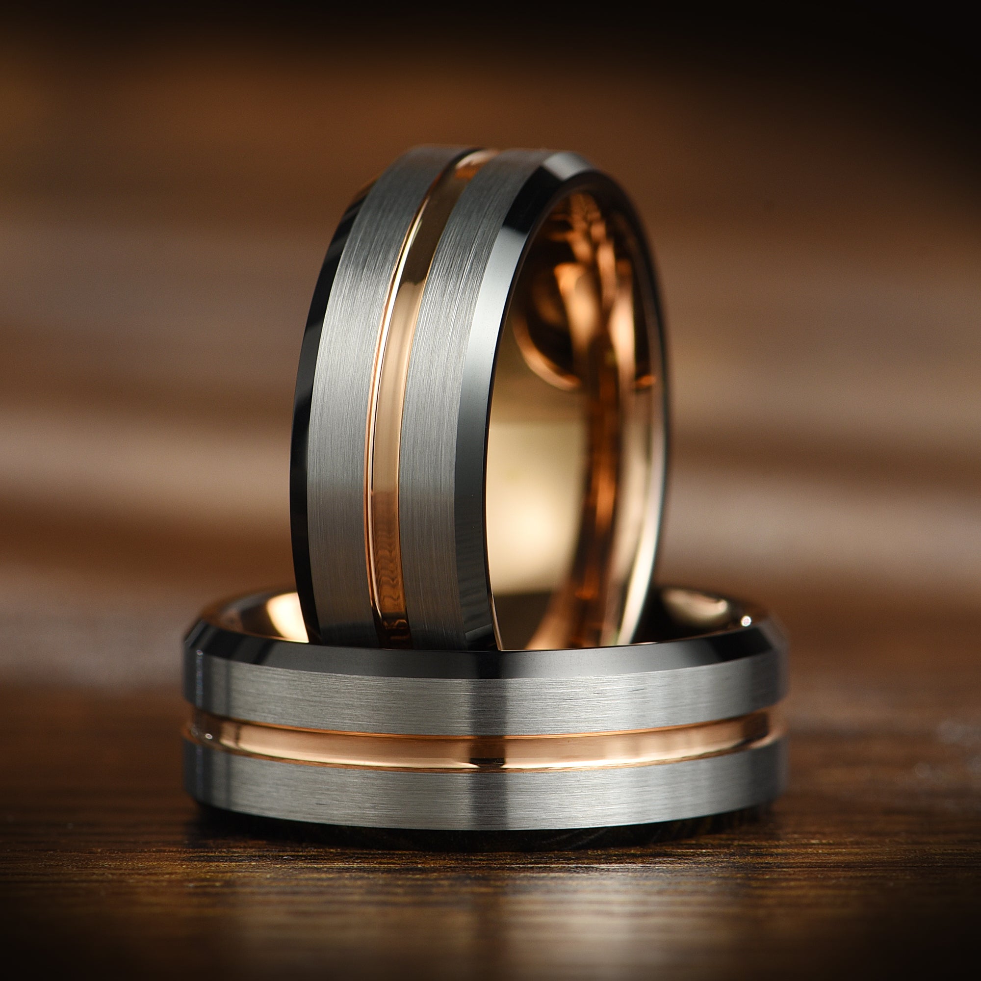 HIS AND HERS MATCHING TUNGSTEN SET – SILVER, ROSE GOLD & BLACK EDGES