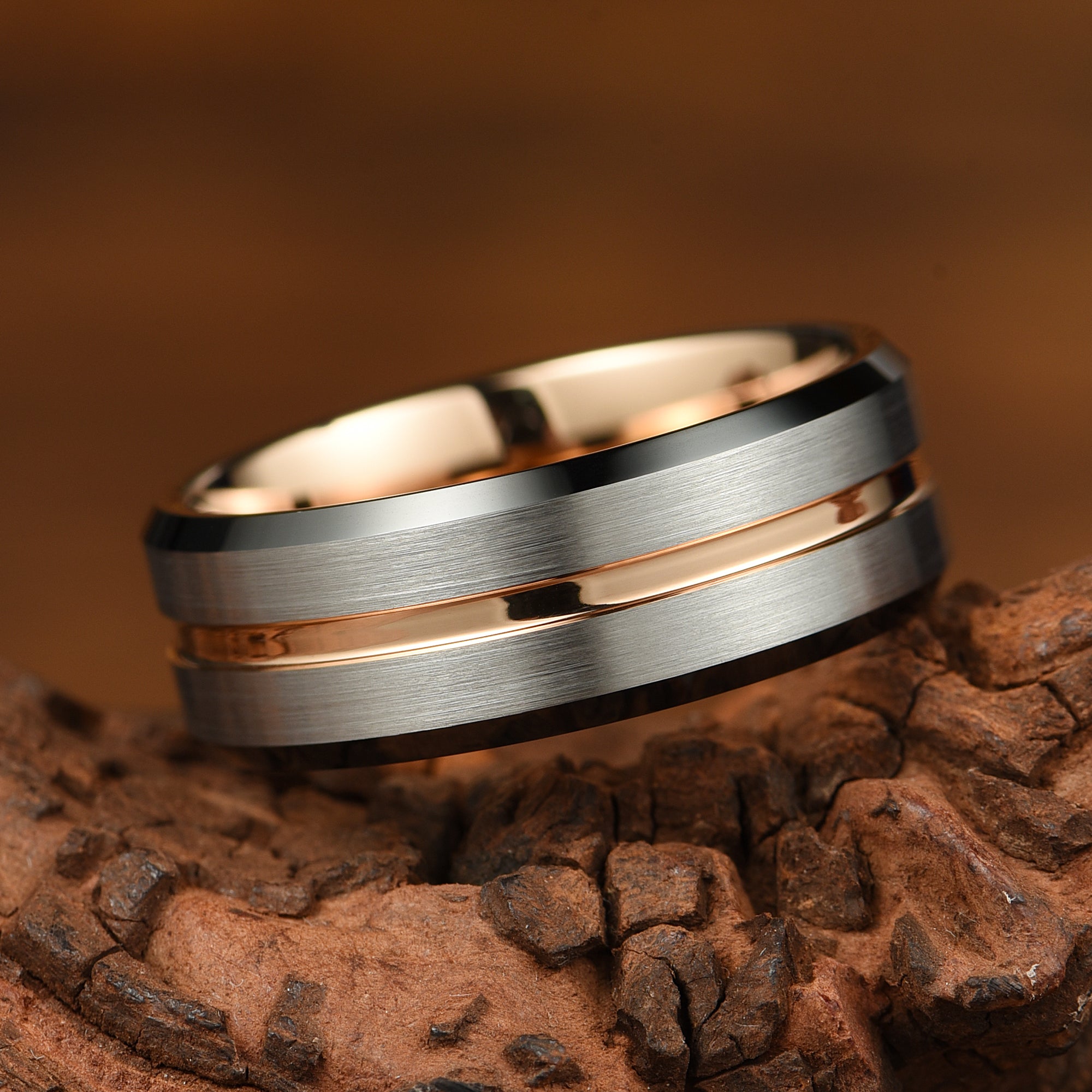 HIS AND HERS MATCHING TUNGSTEN SET – SILVER, ROSE GOLD & BLACK EDGES