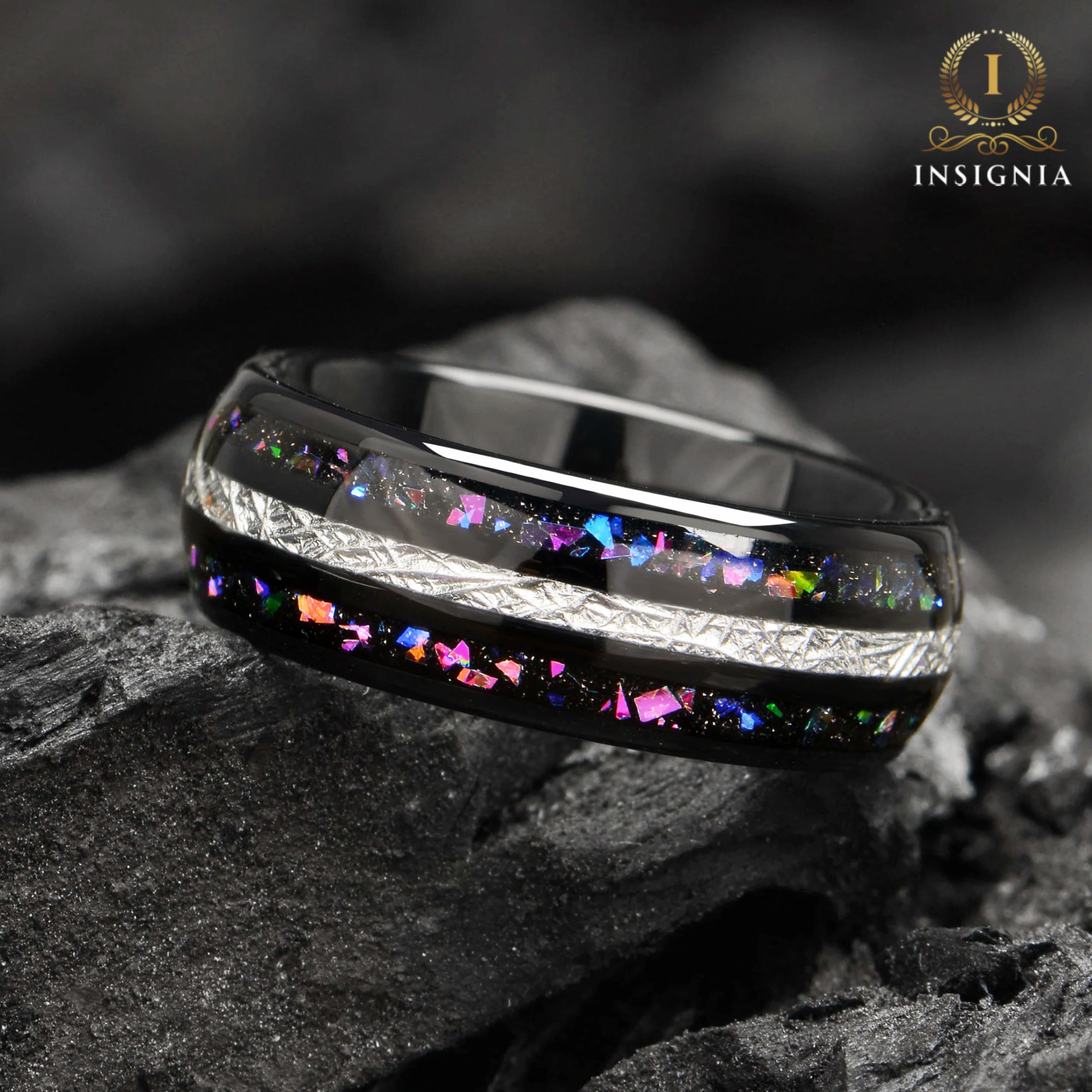 Black Opal Ring Mens Tungsten Profile View