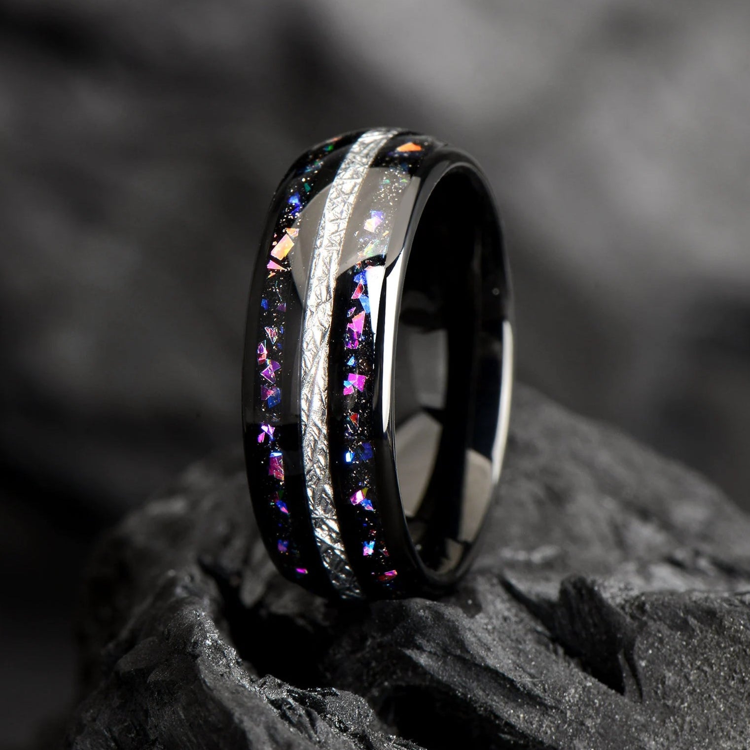 Black Opal Ring Mens Tungsten Side View