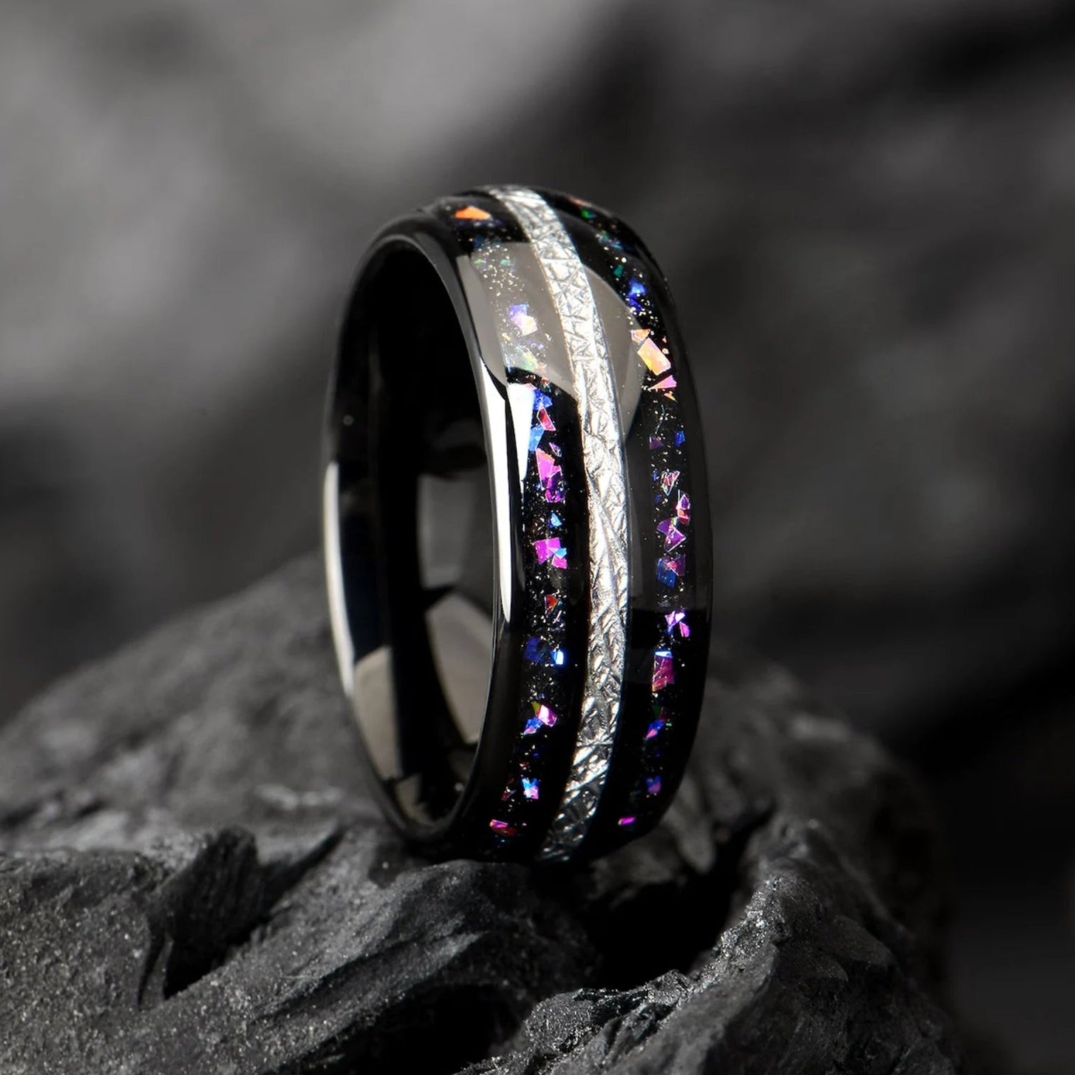 Black Opal Ring Mens Tungsten Top View