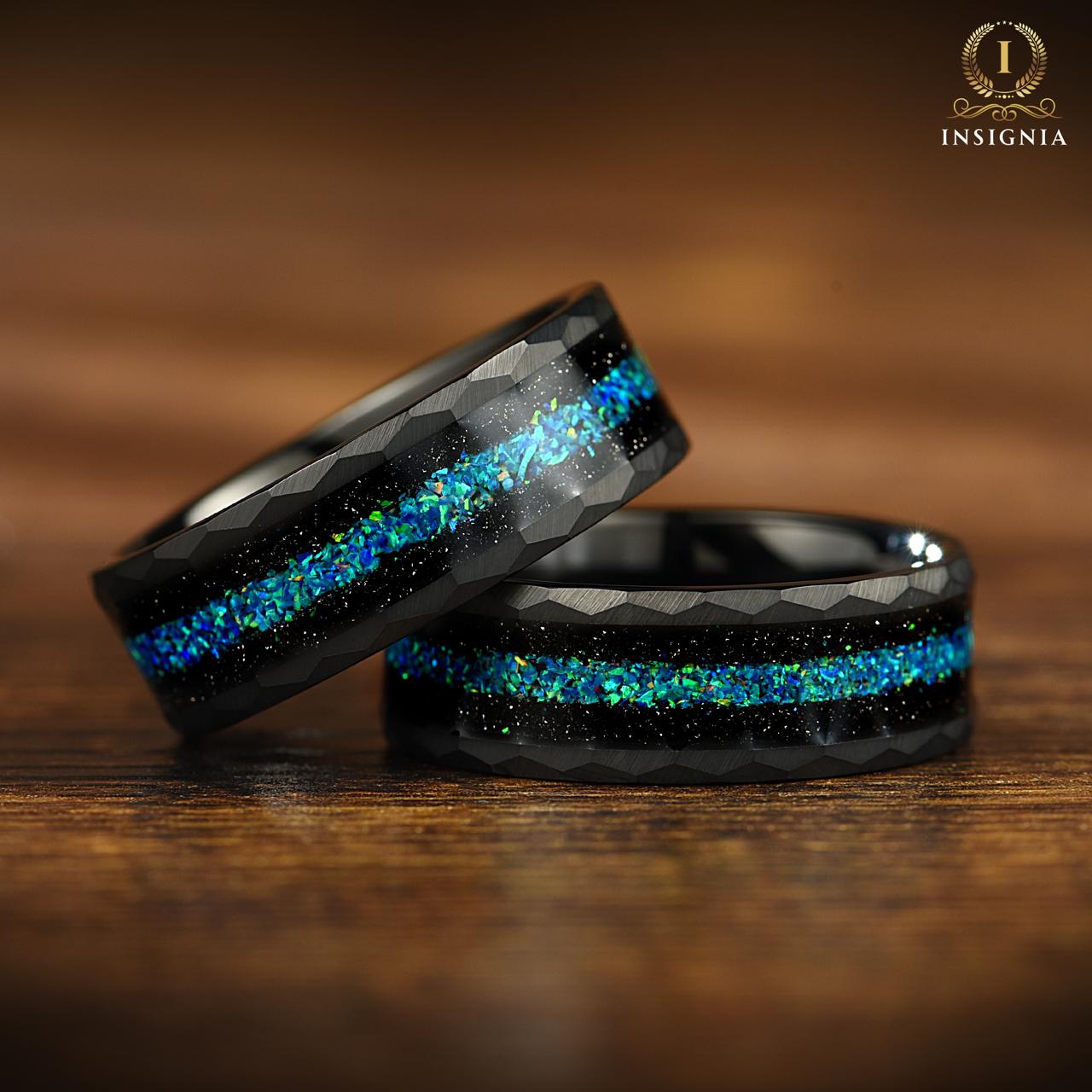 Engraved Black Wedding Band Rings Unique Galaxy Opal Inlay