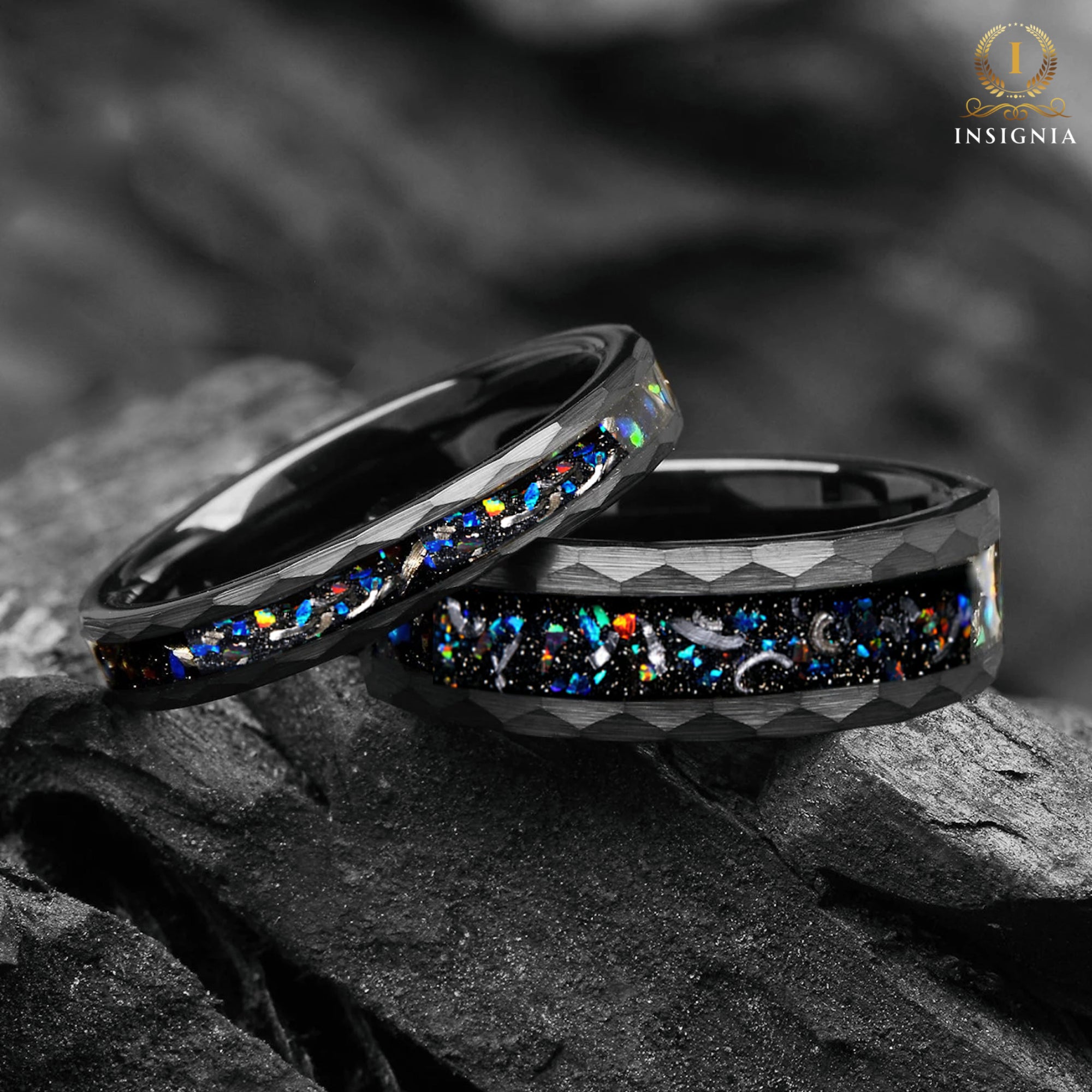 Black Wedding Bands Him Meteorite Opal Couple Set View