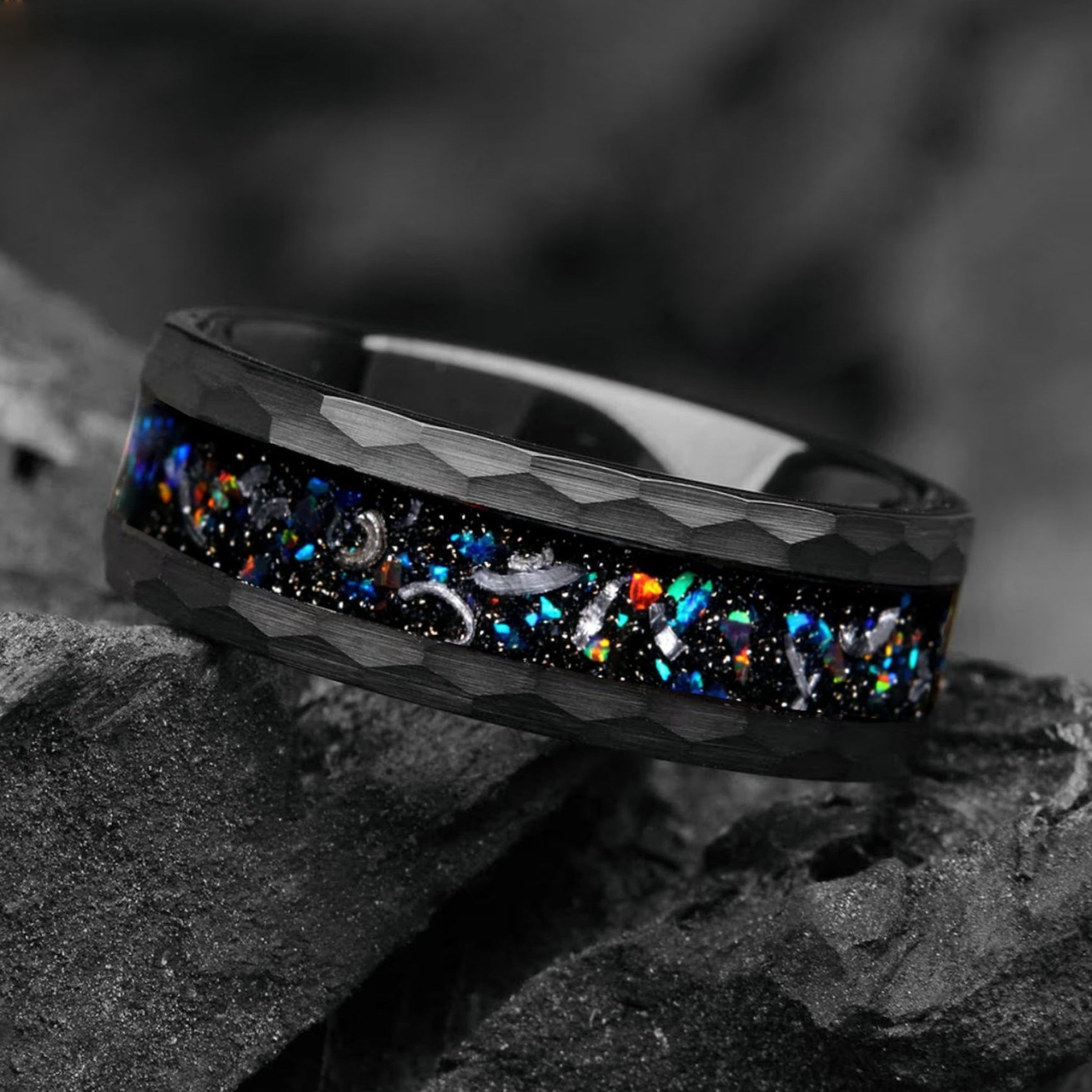 Black Wedding Bands Him Meteorite Opal Horizontal View
