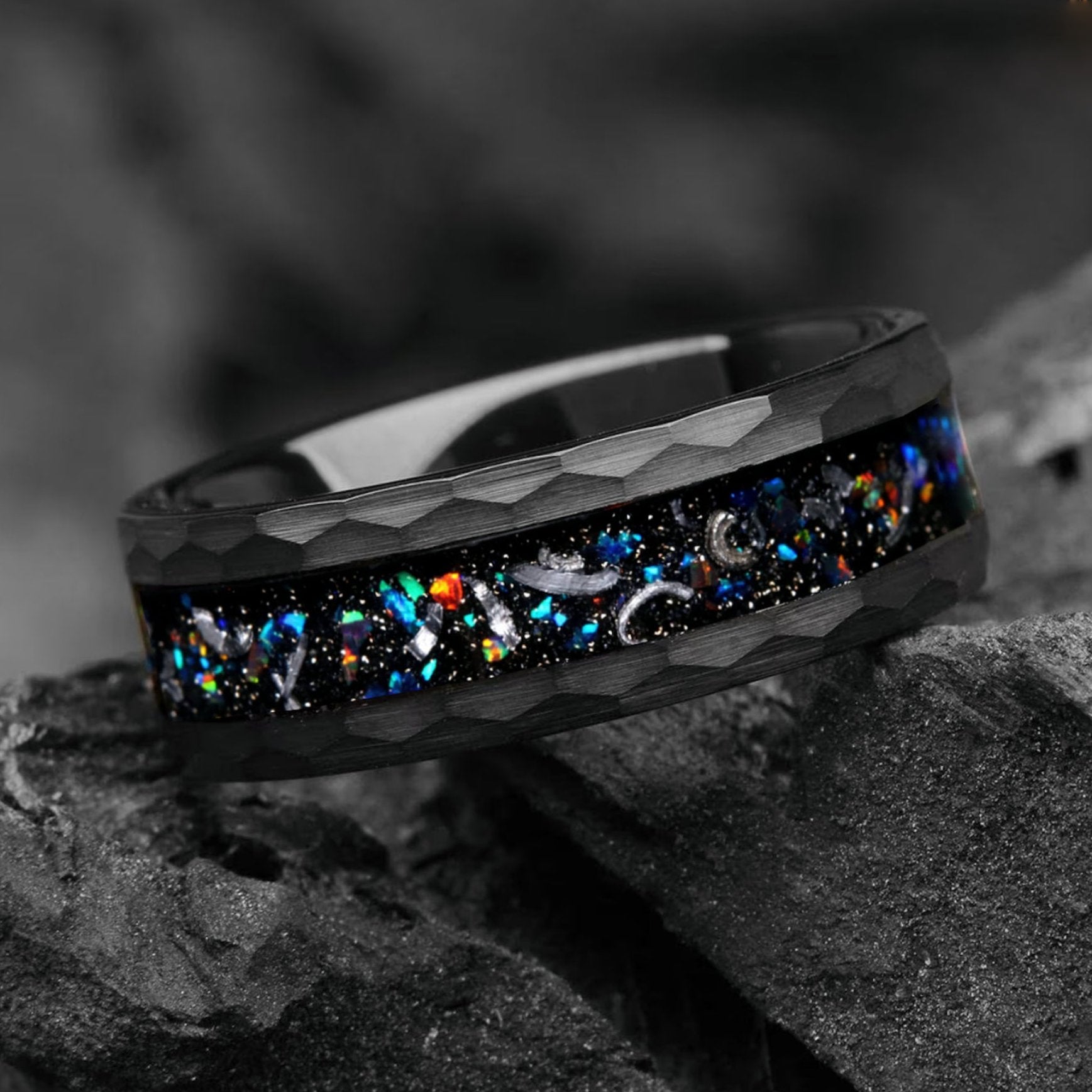 Engraved Black Wedding Bands For Him Meteorite Dark Opal