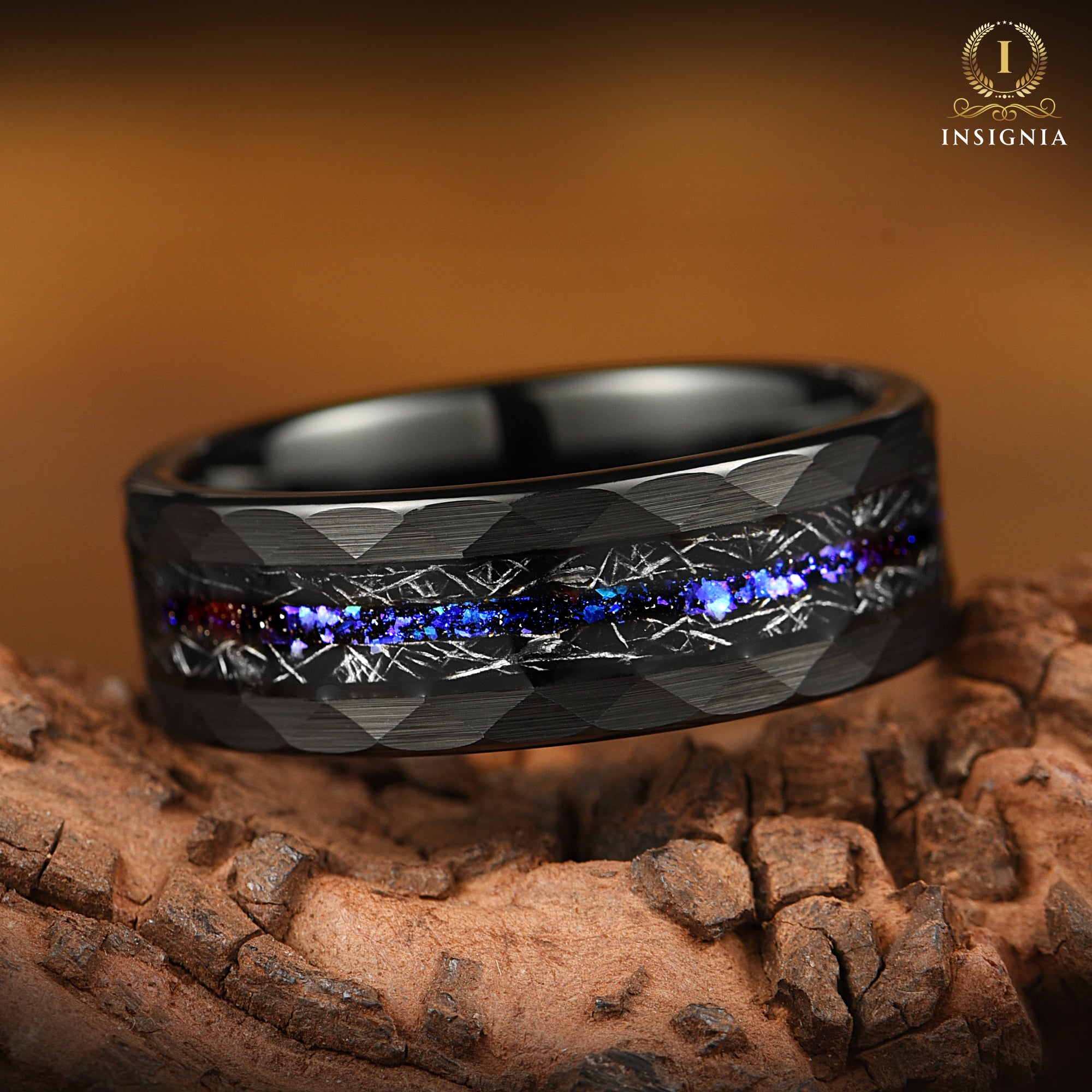 Engraved Black Wedding Rings For Men - Real Meteorite Band!