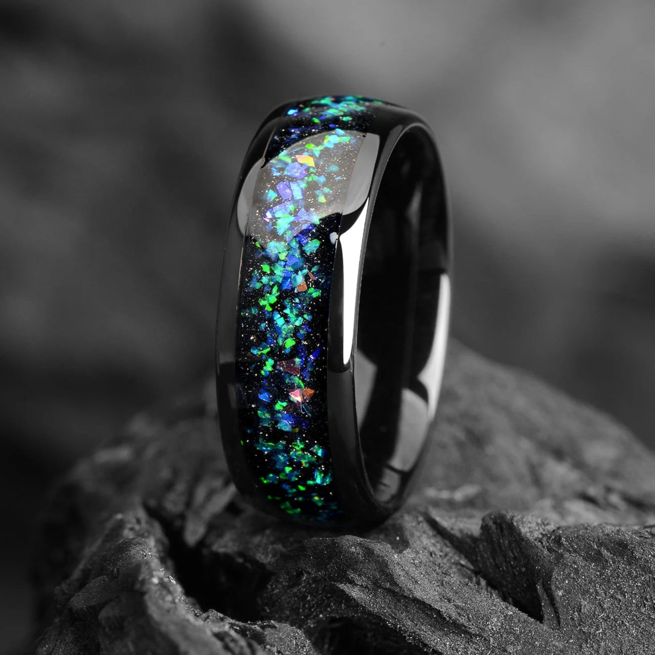 Black Wedding Rings Men Opal Side View