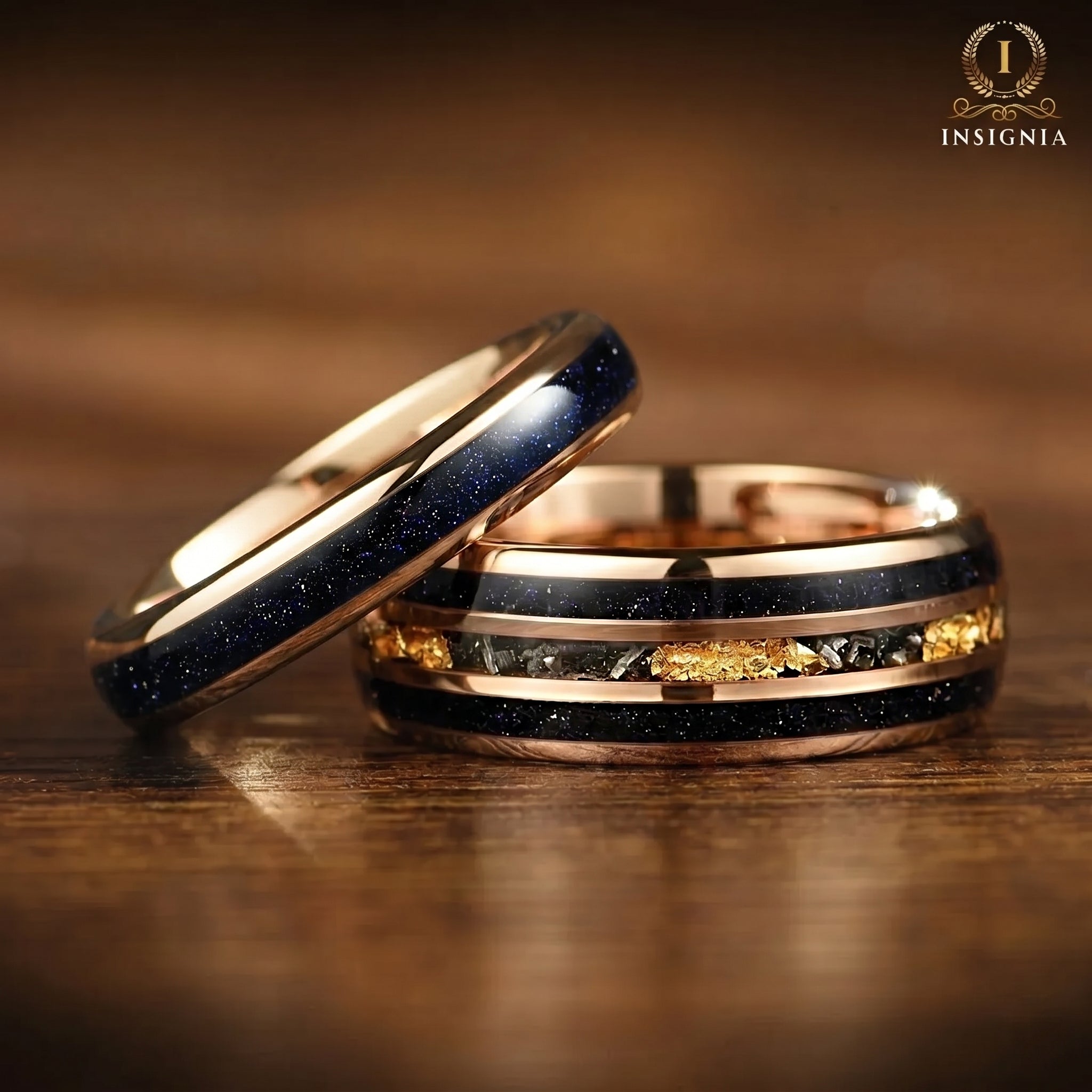 Commitment rings for couples with real meteorite inlay and rose gold matching bands