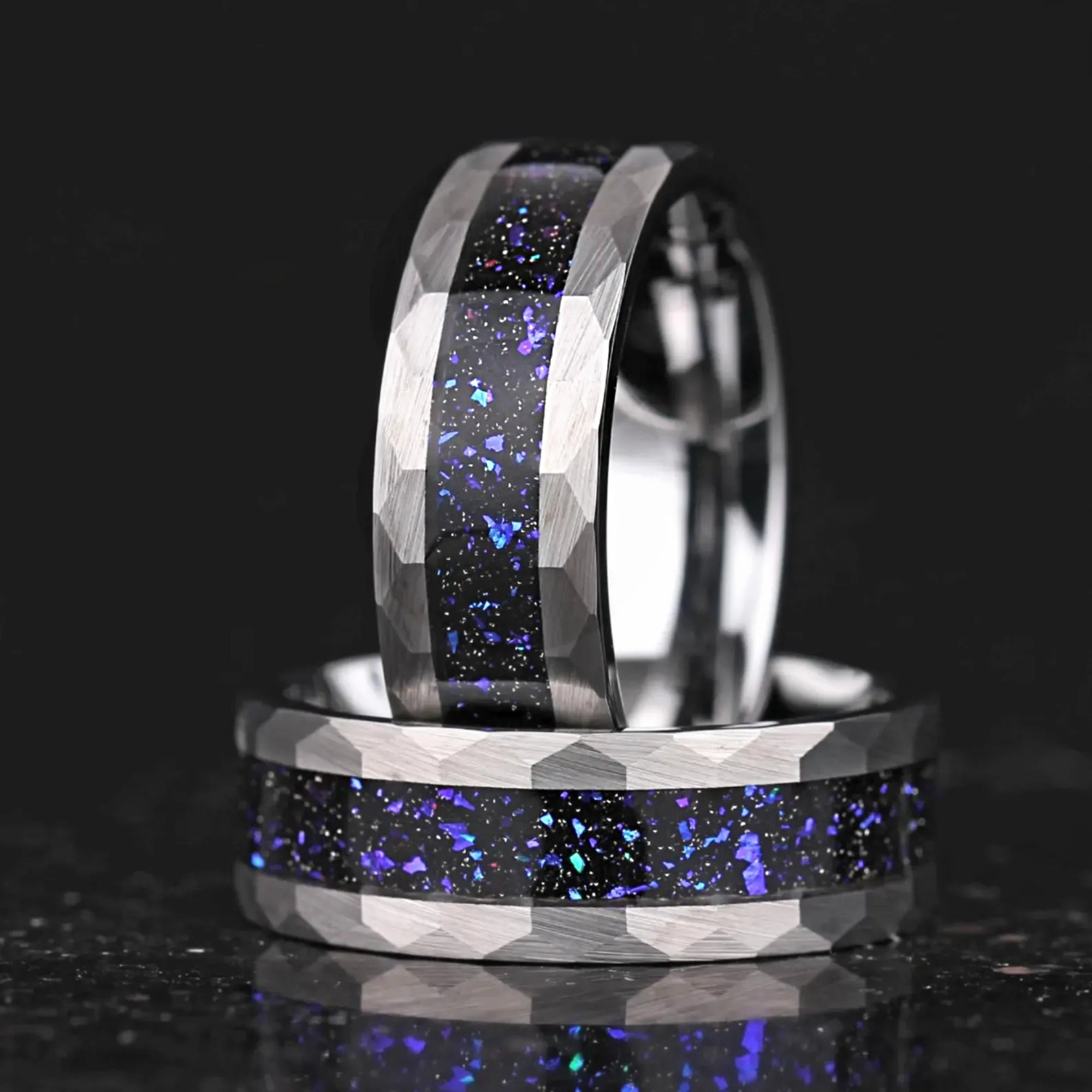 Commitment rings for him with silver tungsten band and nebula inspired inlay