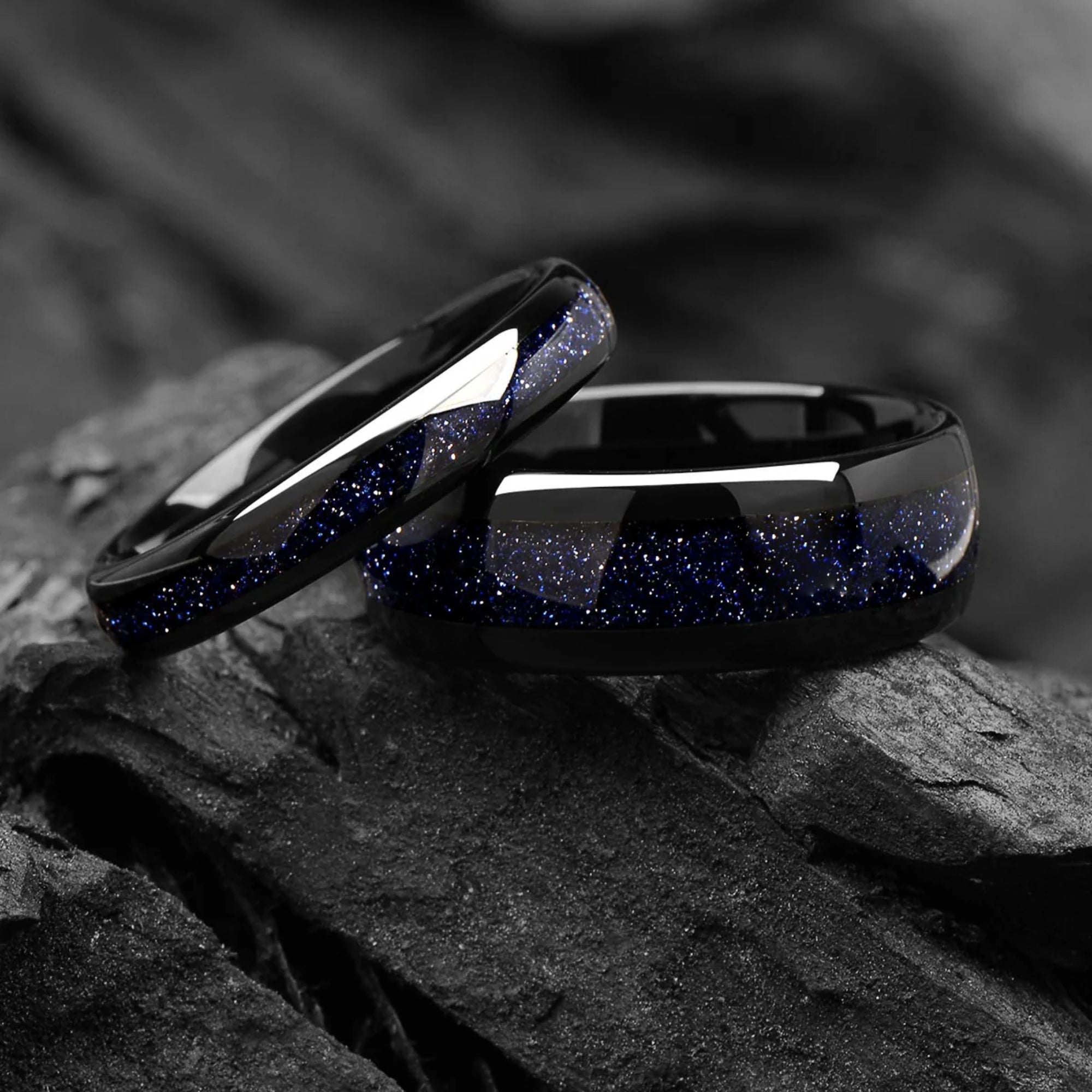 Couple Rings Black Tungsten Wedding Set in Galaxy Design Main View