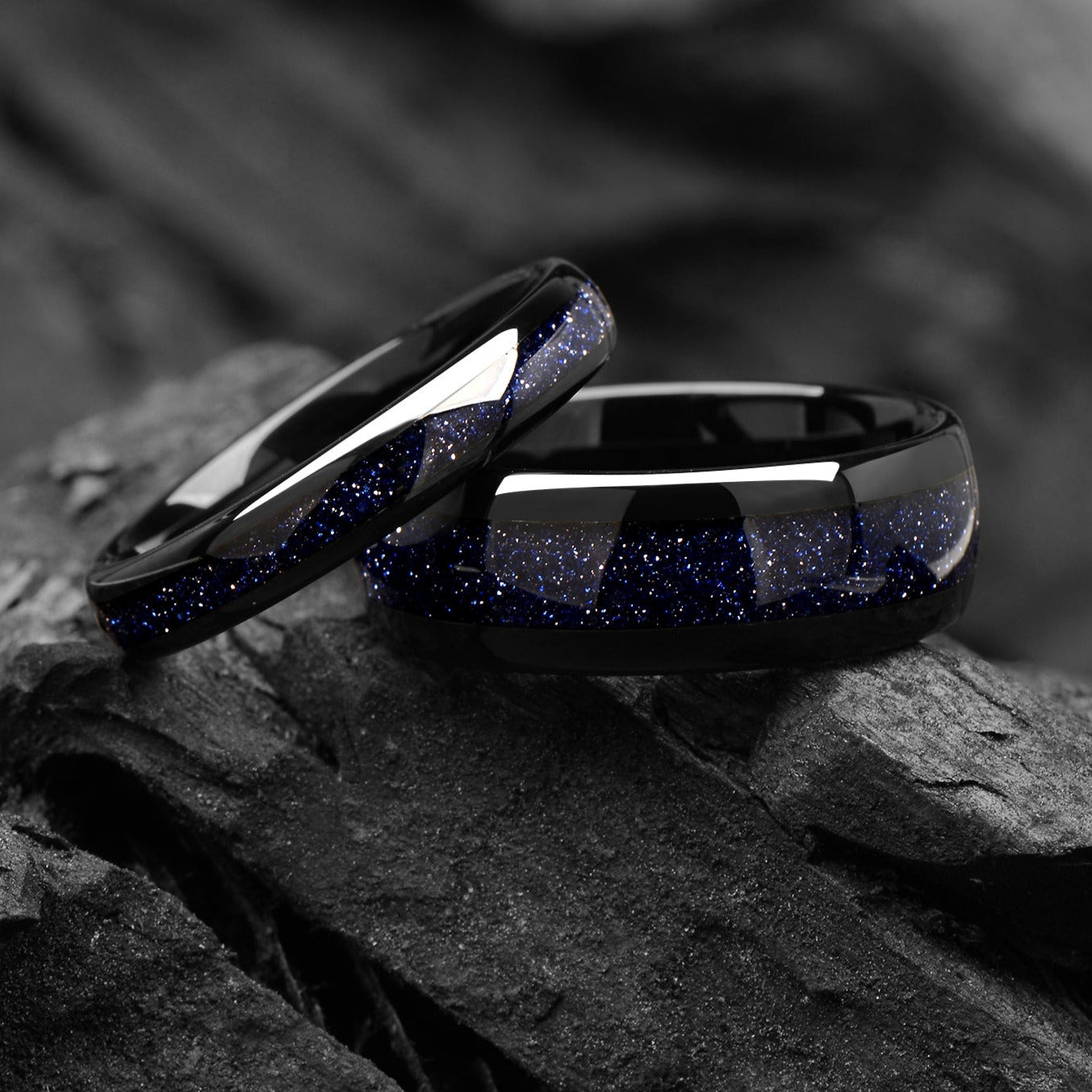 COUPLE RINGS BLACK TUNGSTEN SET GALAXY DESIGN 8/4 MM