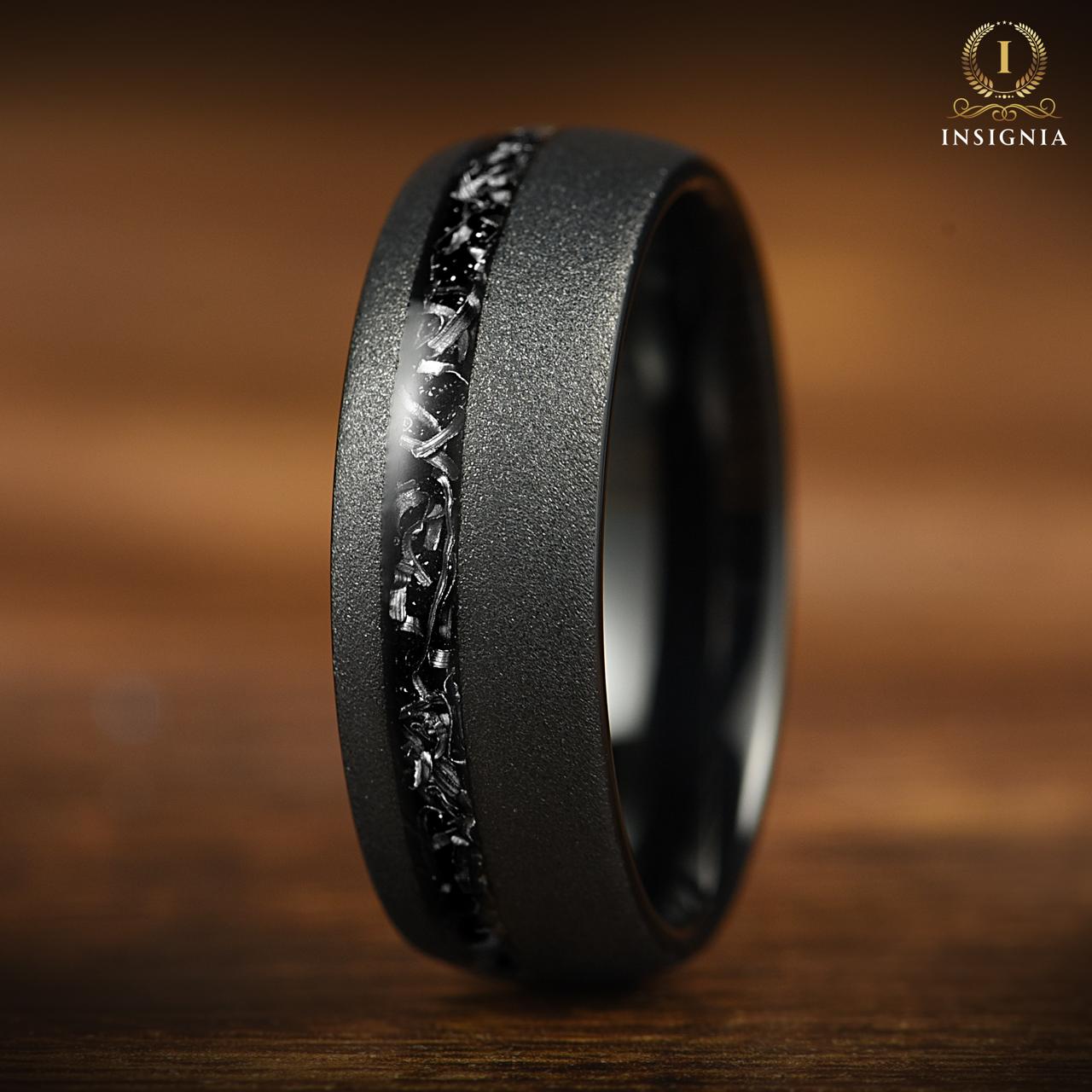 Couple Rings Black Meteorite Wedding Set Close-up View