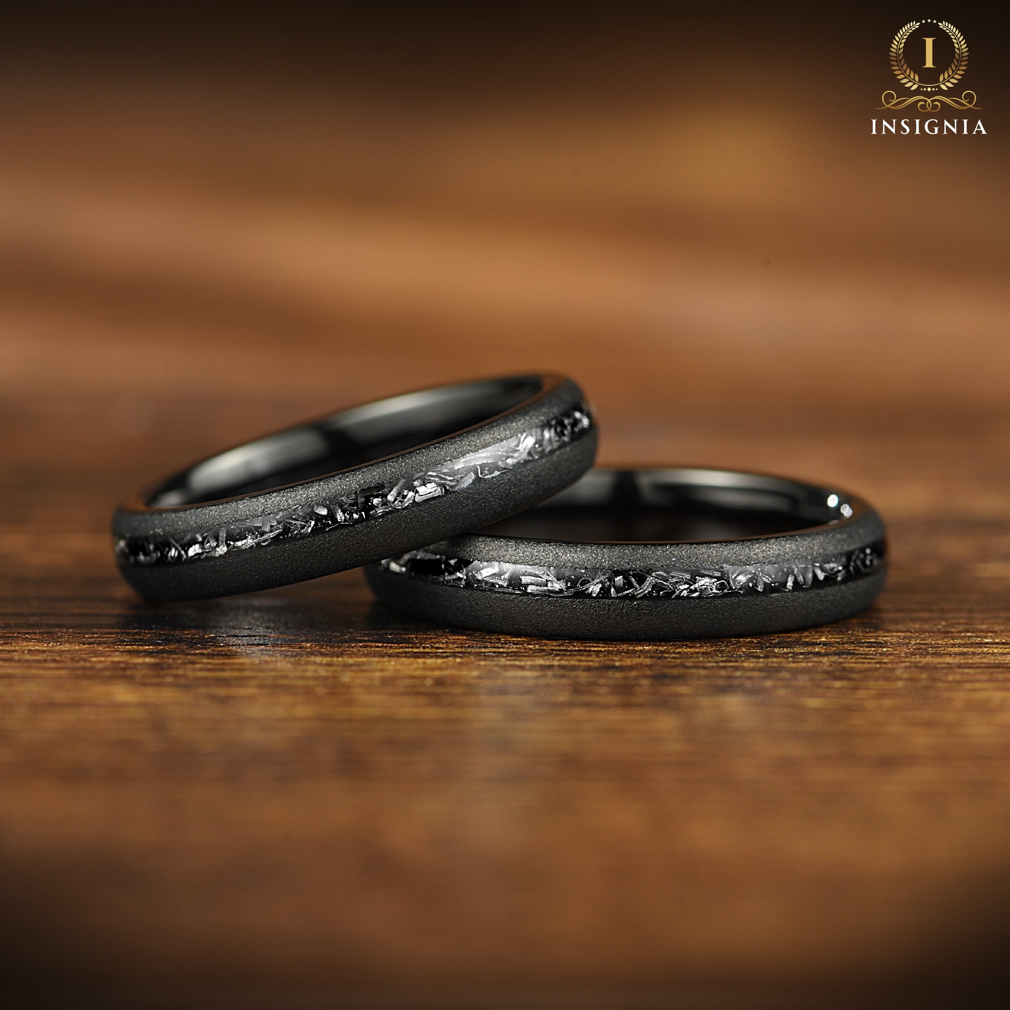 Couple Rings Black Meteorite Wedding Set Engraved View