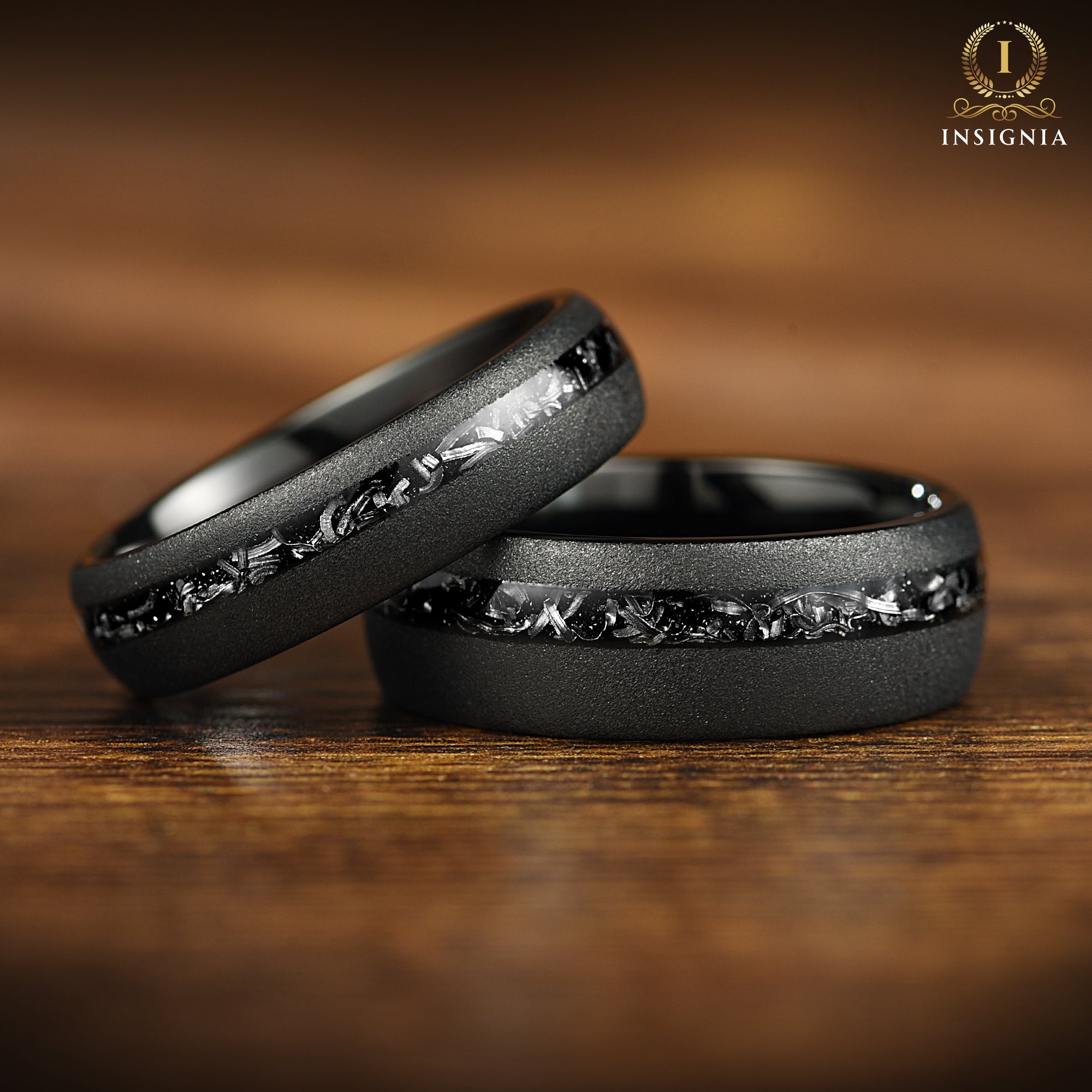 Engraved Couple Rings With Real Meteorite Black Wedding Bands