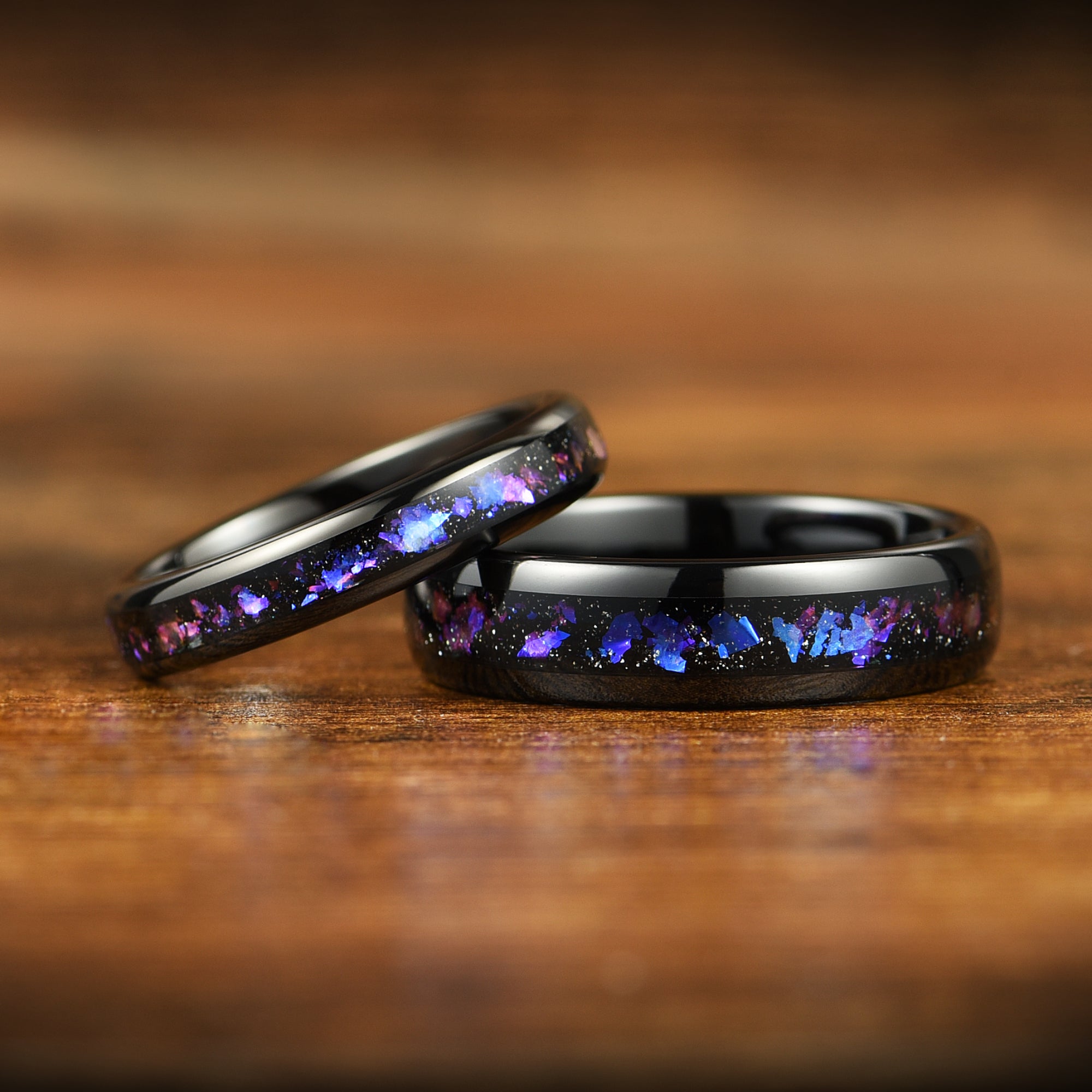Couple Rings Matching Promise Set in Black Nebula Design Main View