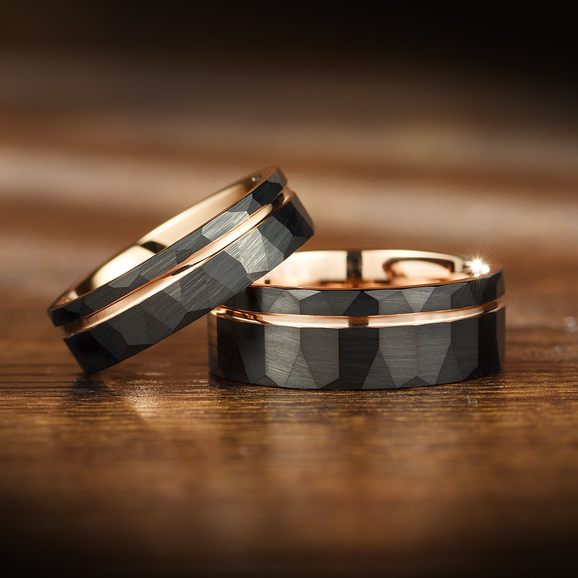 Couple Rings in Rose Gold and Black Tungsten Hammered Main View