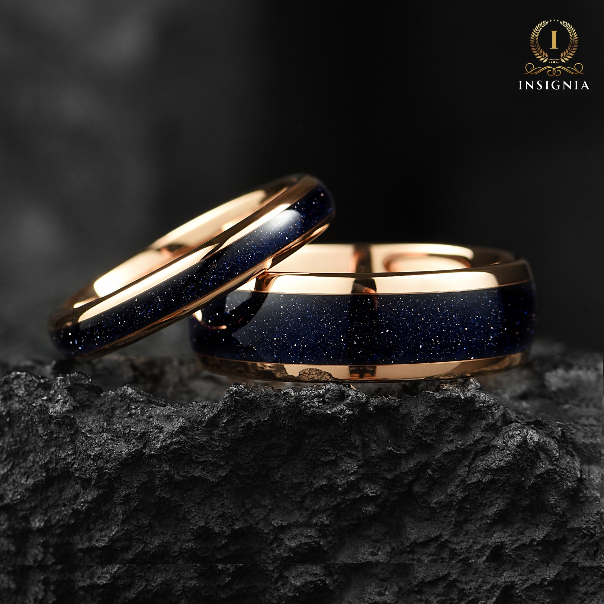 Unique Couple Rings -Rose Gold Wedding Bands in Galaxy Theme