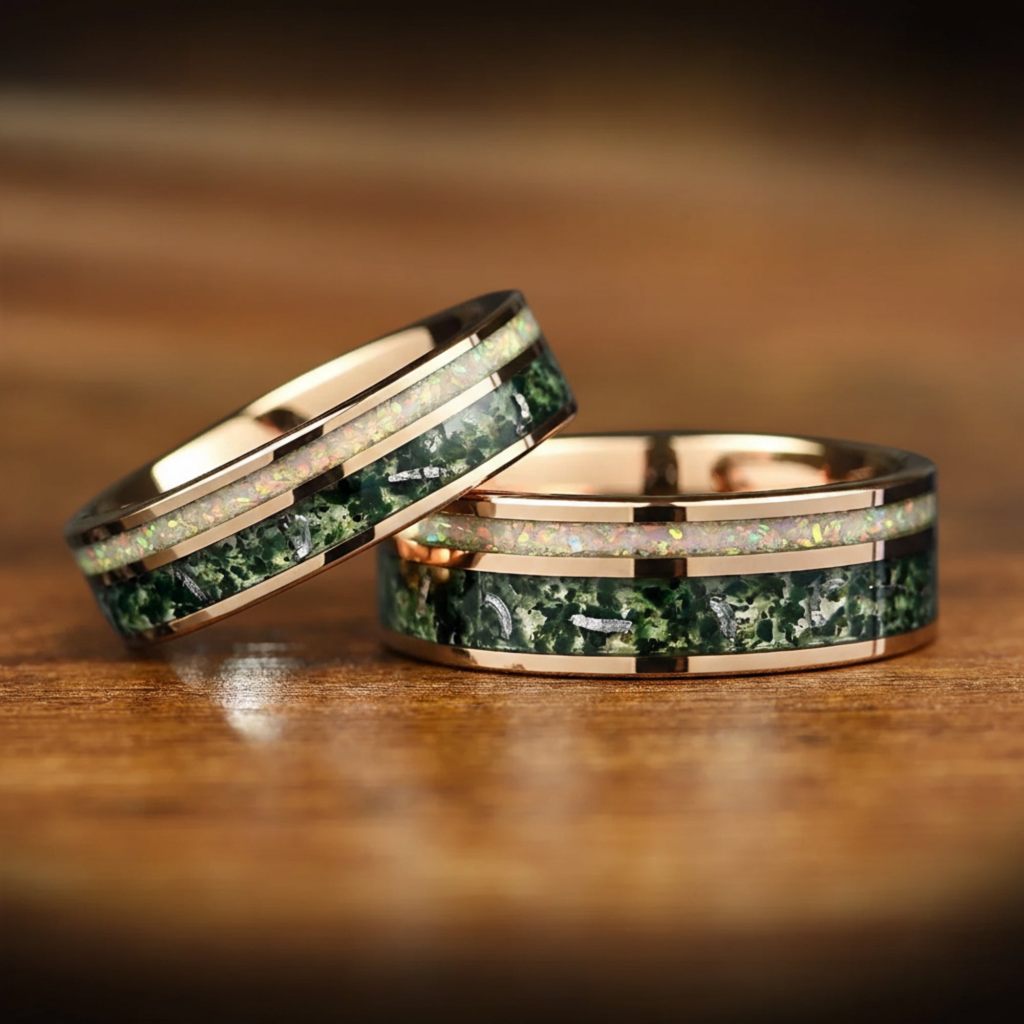 Couple Rings Rose Gold Wedding Set with Moss Agate Main View