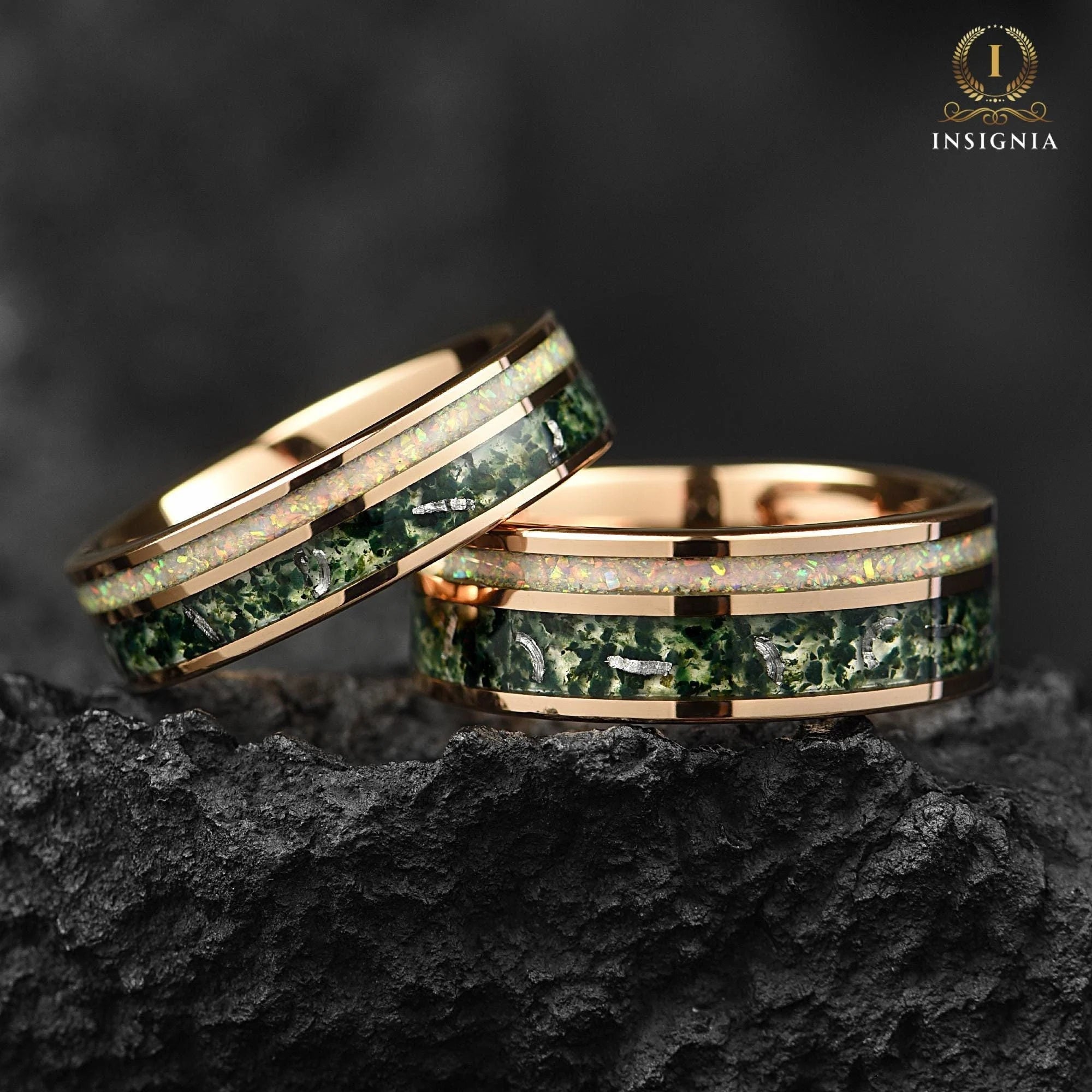 Couple Rings Rose Gold Wedding Set with Moss Agate Main View