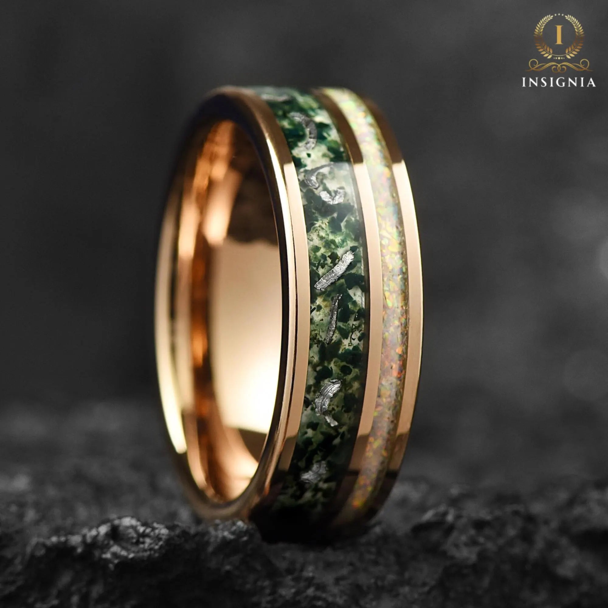 Couple Rings Rose Gold Wedding Set with Moss Agate Profile View