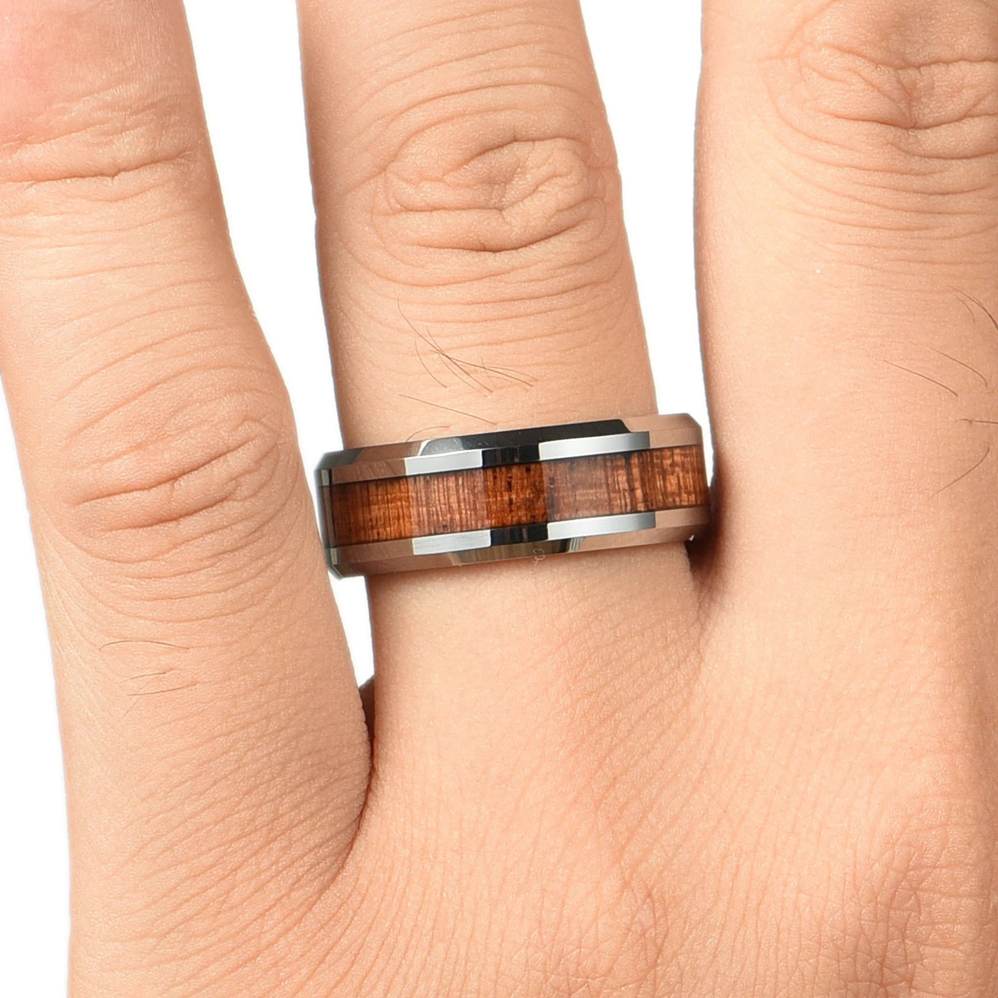 Couple Rings Wedding Set in Silver with Whiskey Barrel Wood In-Hand View