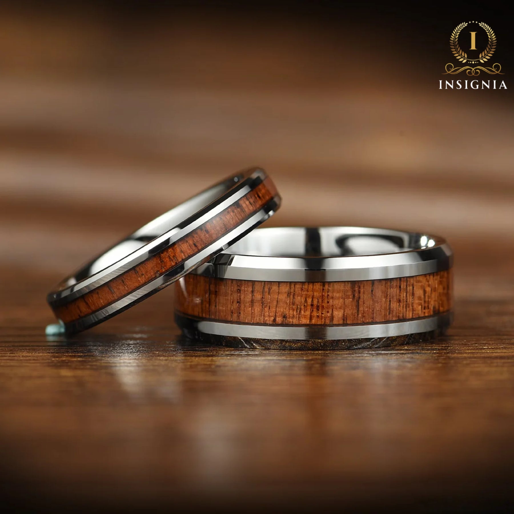 Couple Rings Wedding Set in Silver with Whiskey Barrel Wood Main View