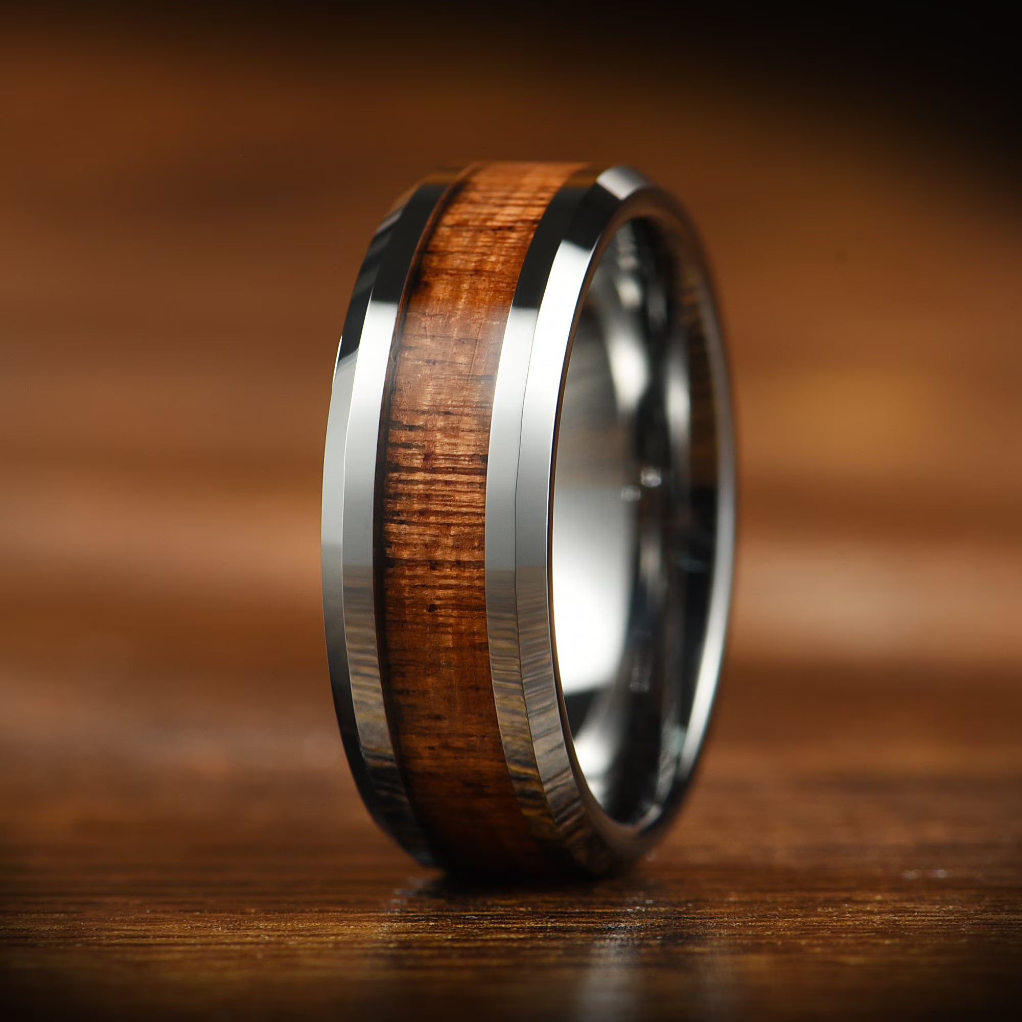 Couple Rings Wedding Set in Silver with Whiskey Barrel Wood Profile View