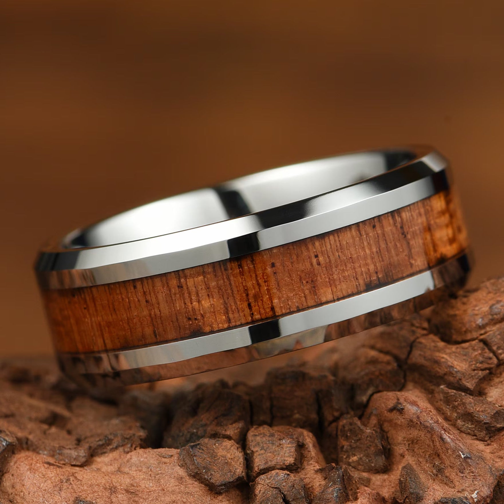 Couple Rings Wedding Set in Silver with Whiskey Barrel Wood Stacked View