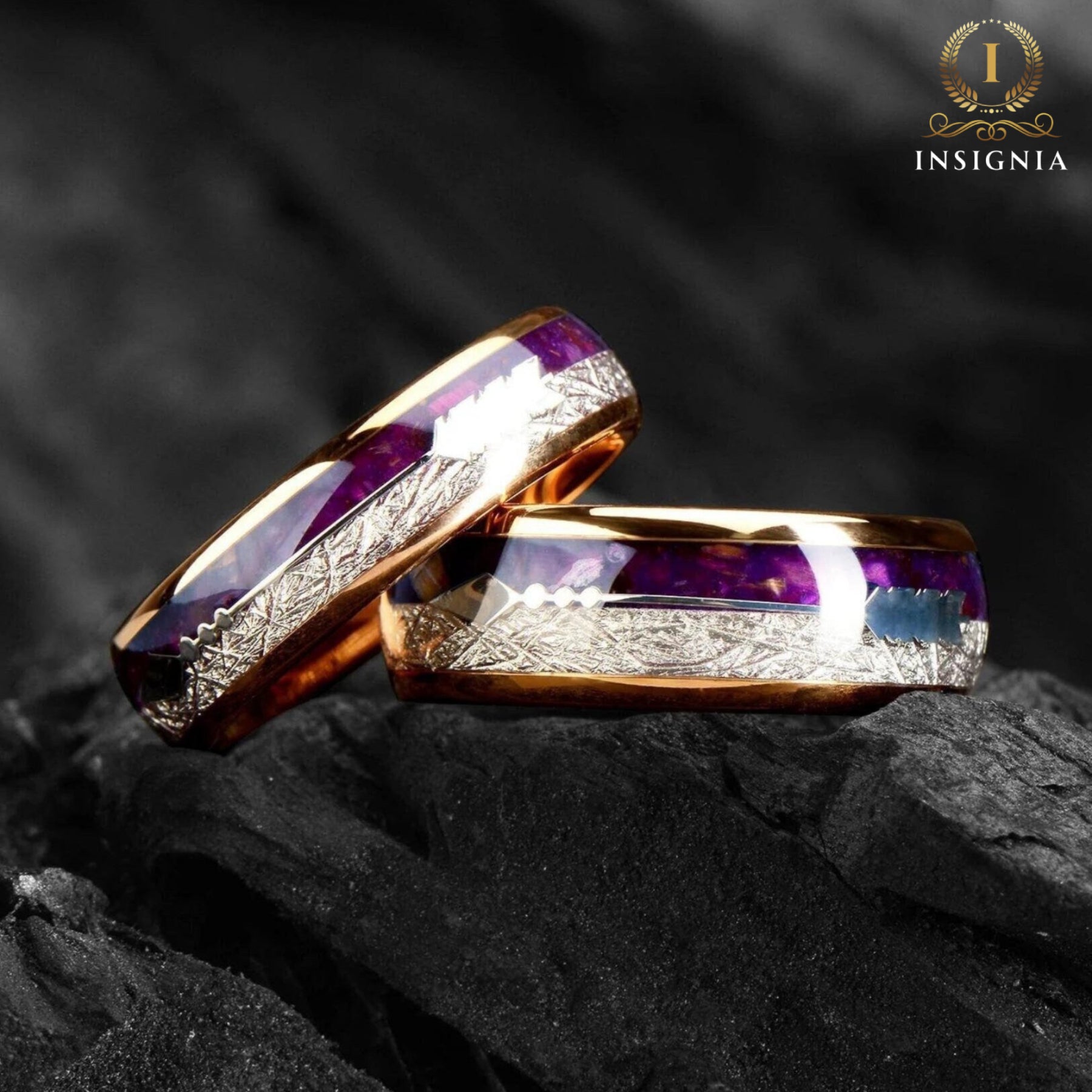 Couple Rings in Tungsten with Meteorite and Purple Agate Main View