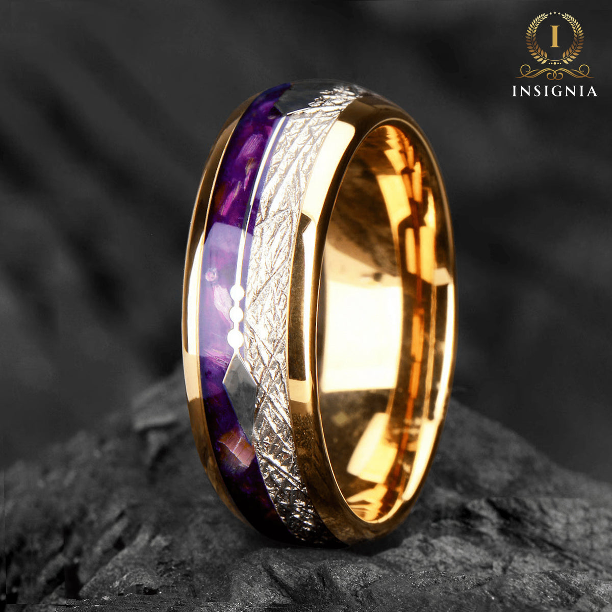 Couple Rings in Tungsten with Meteorite and Purple Agate Profile View
