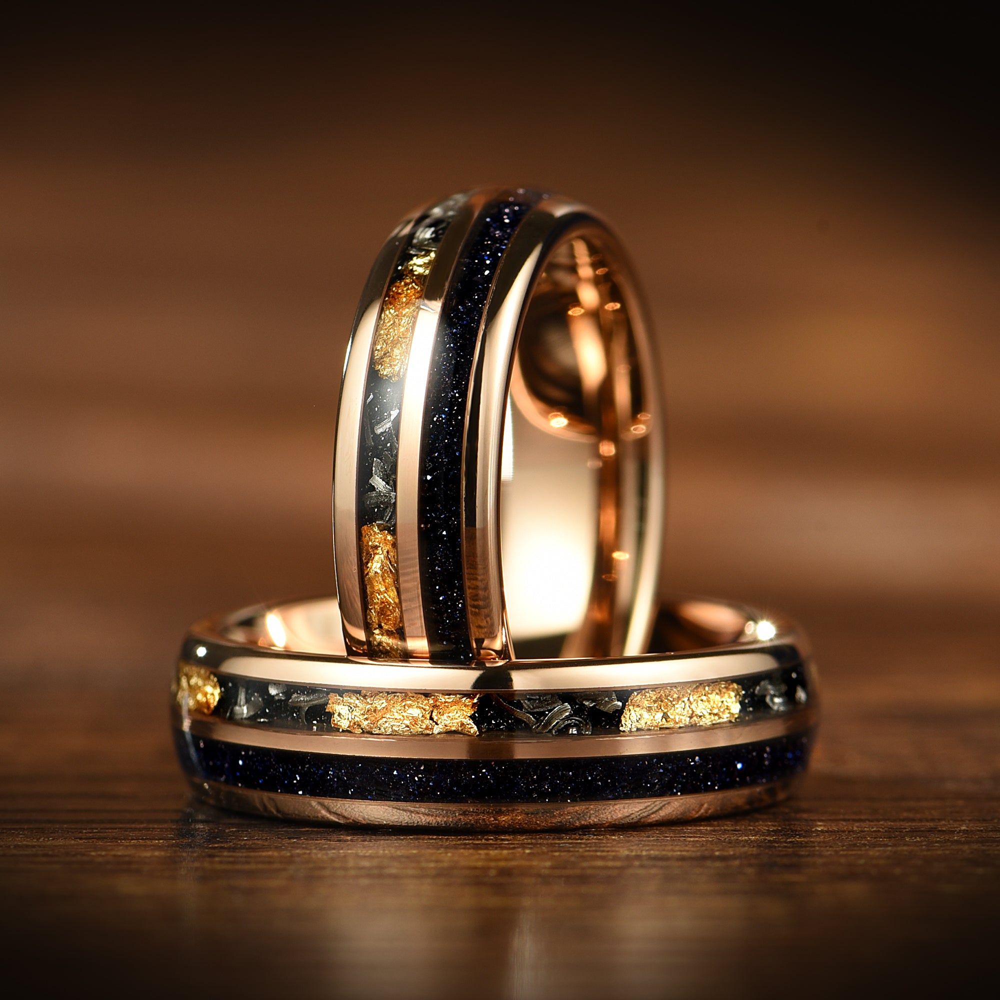 Couple Rings Wedding Set in Rose Gold Galaxy Design Top View
