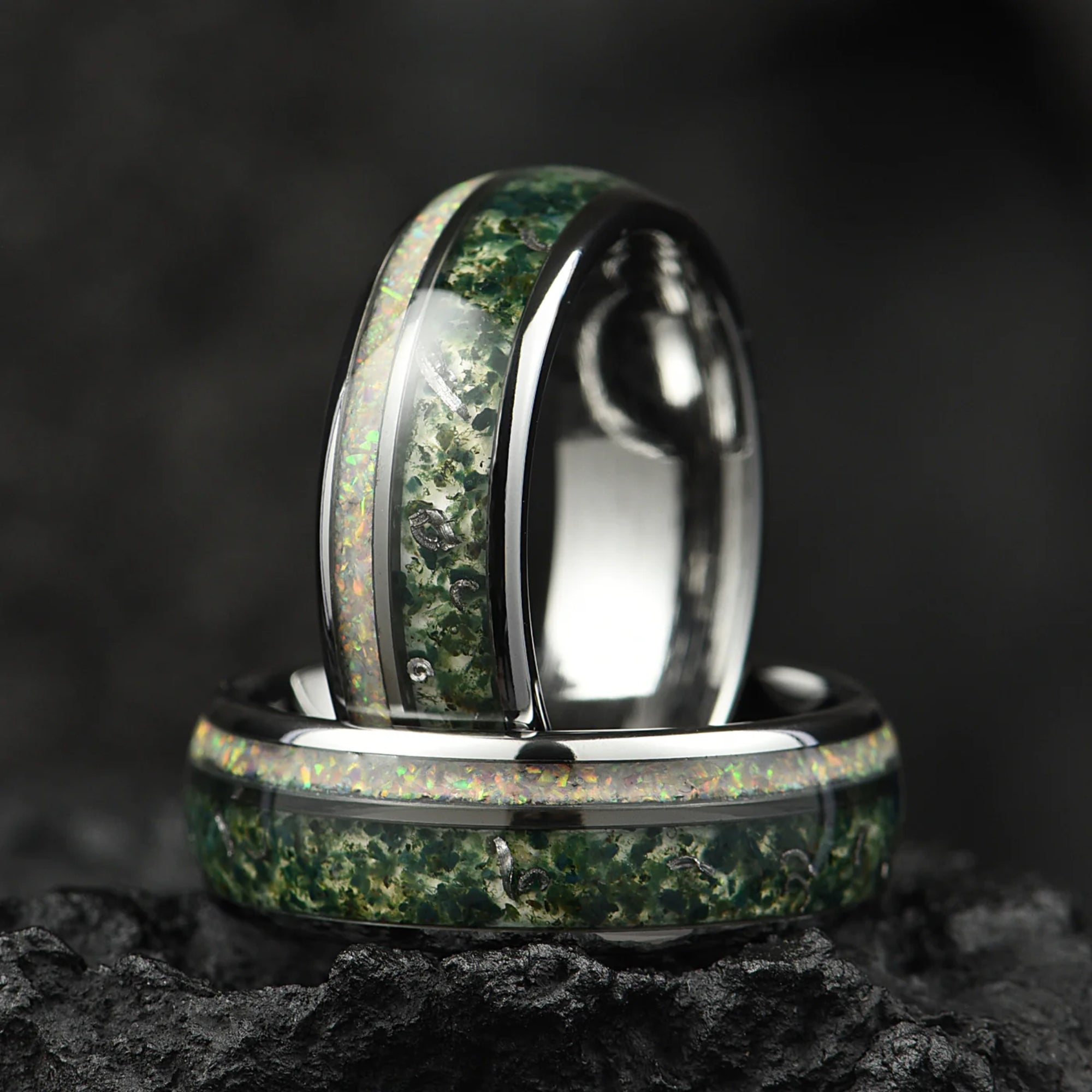 Couples jewelry set with meteorite inlay and moss agate texture