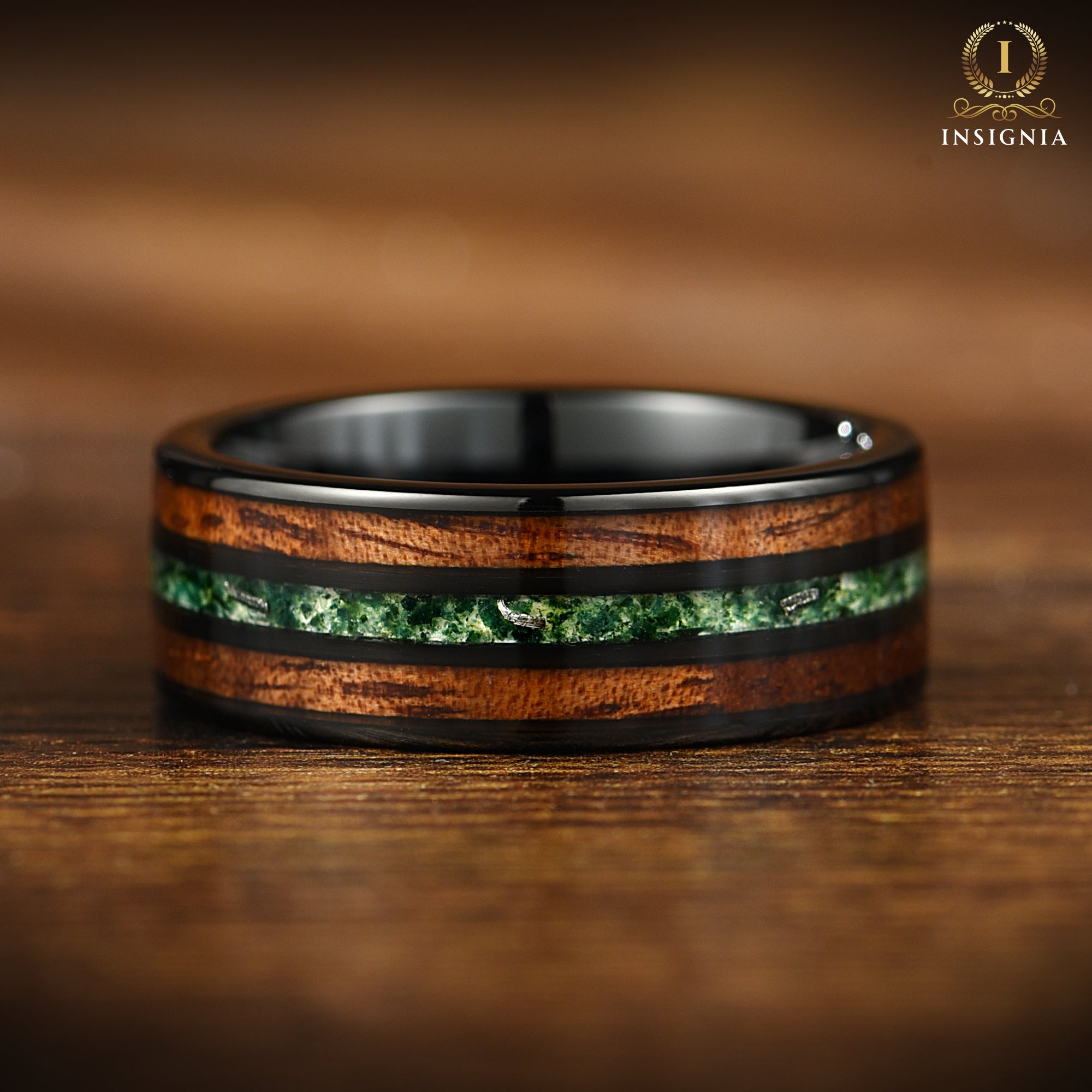 Dark Mens Wedding Bands Moss Agate Profile View