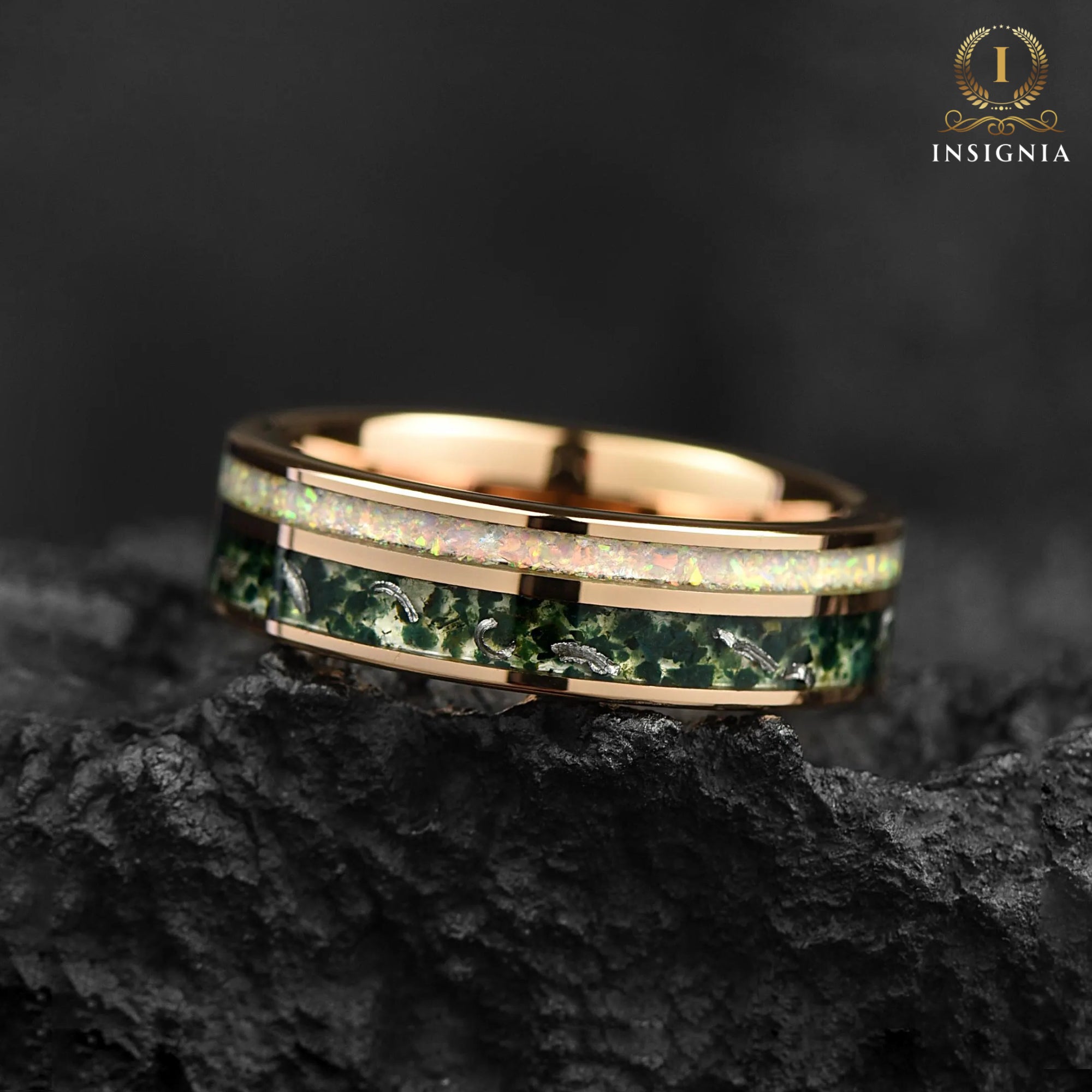 Female Wedding Bands Moss Agate Close Up View