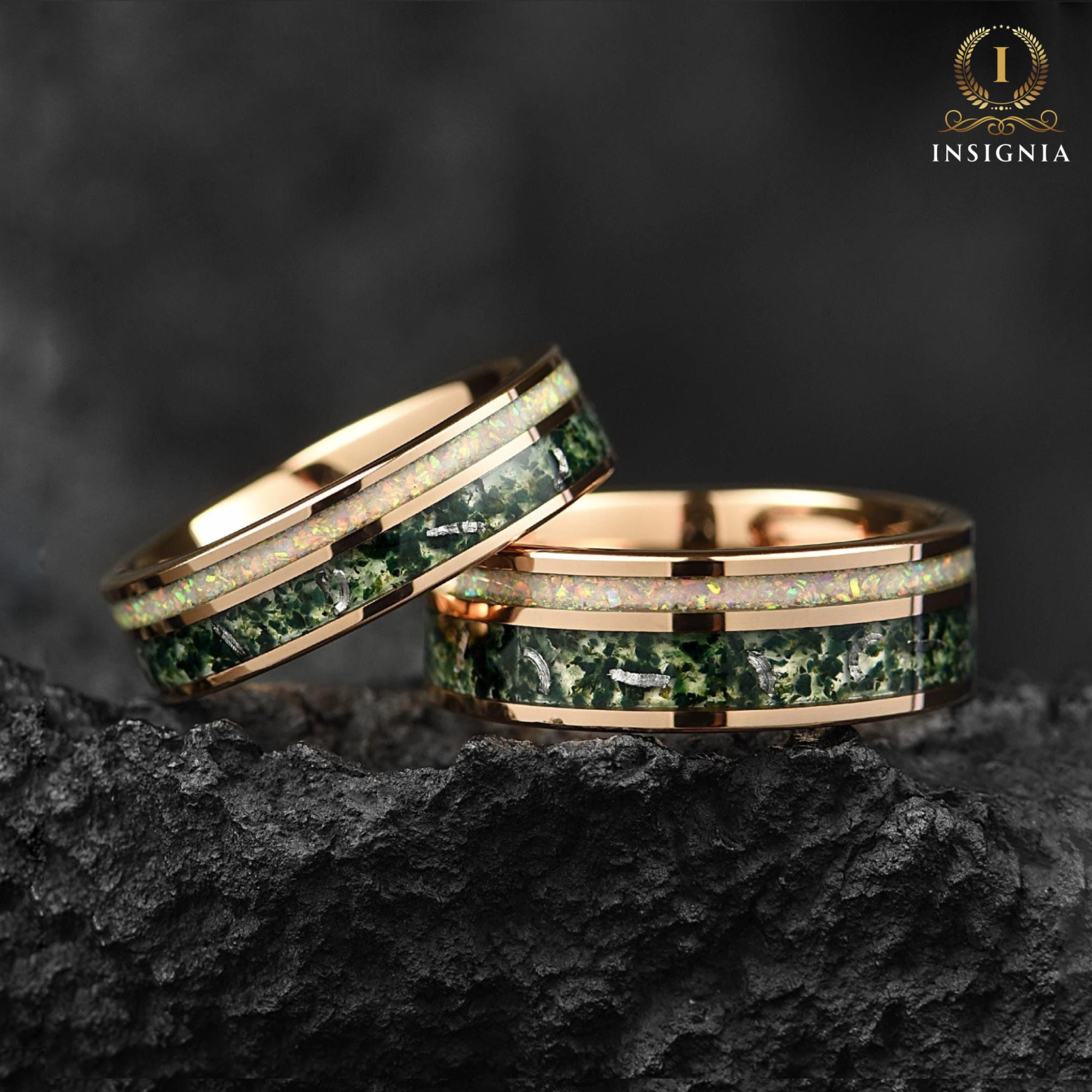 Female Wedding Bands Moss Agate Couple View