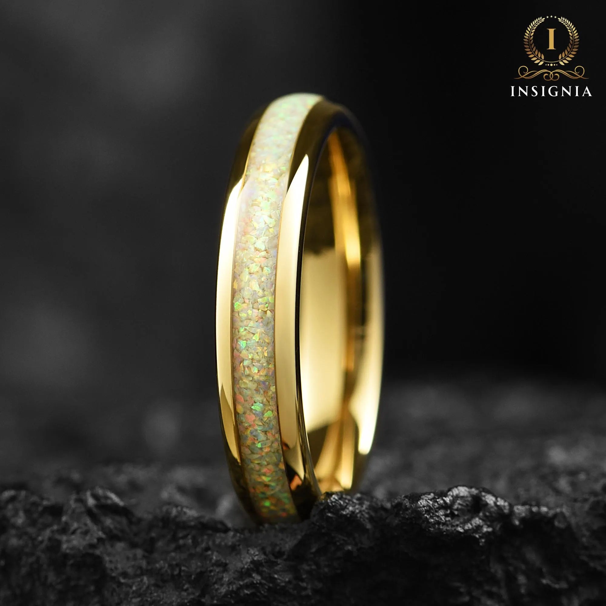 Female Wedding Rings Gold Opal Front View
