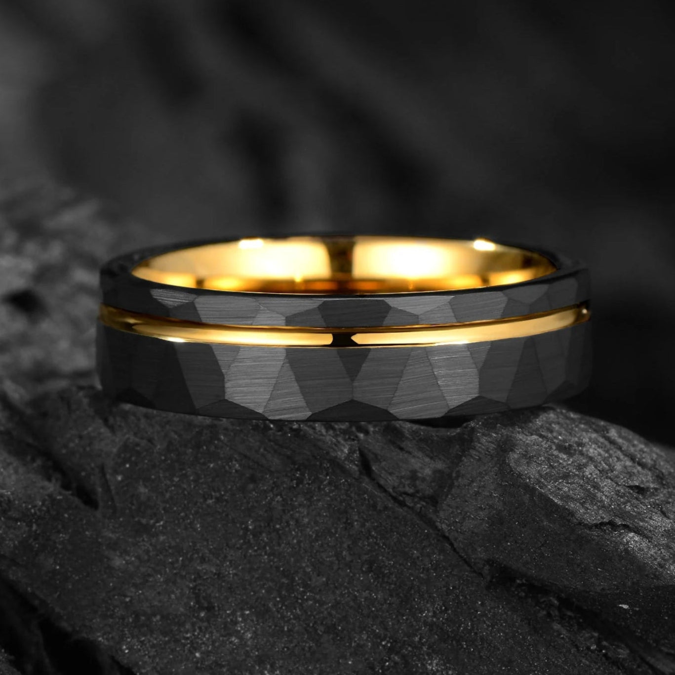 Gold Wedding Band Black Tungsten Horizontal View